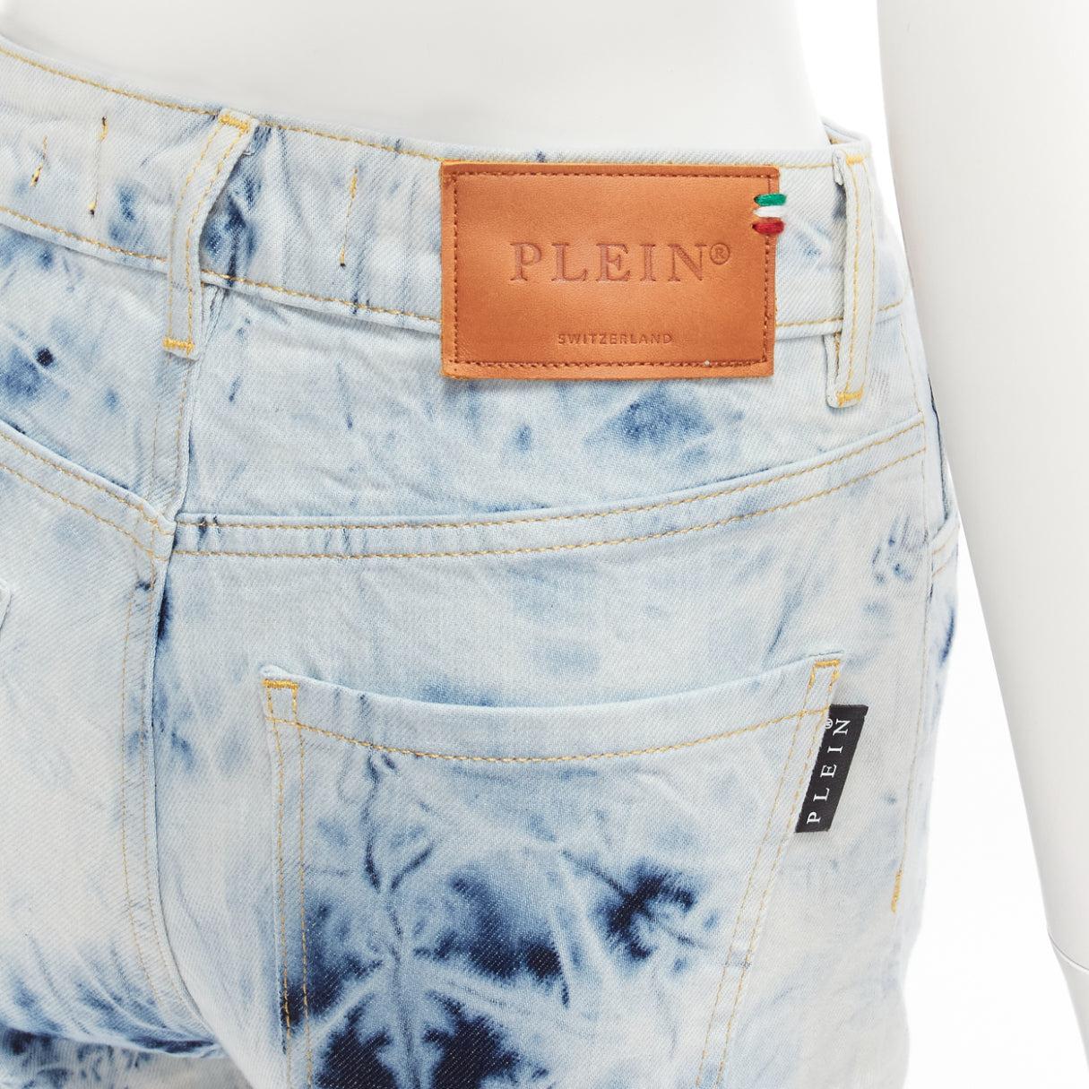 PHILLIP PLEIN Hot Pants blue acid washed logo tag cuffed shorts 25