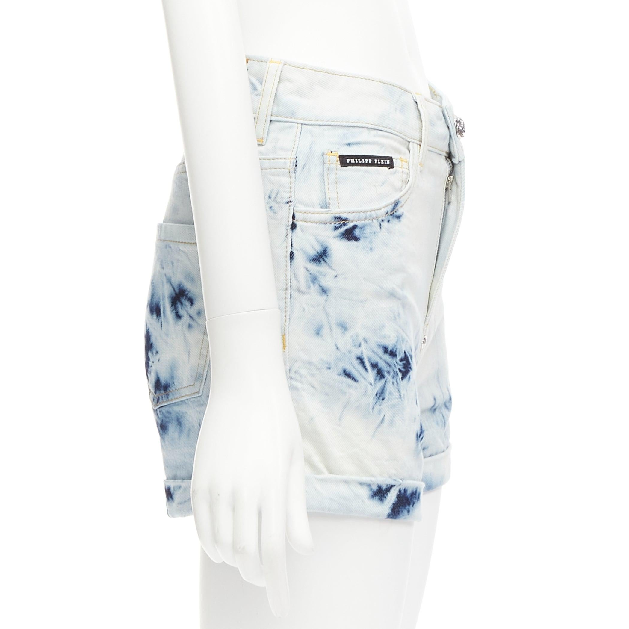 PHILLIP PLEIN Hot Pants blue acid washed logo tag cuffed shorts 25