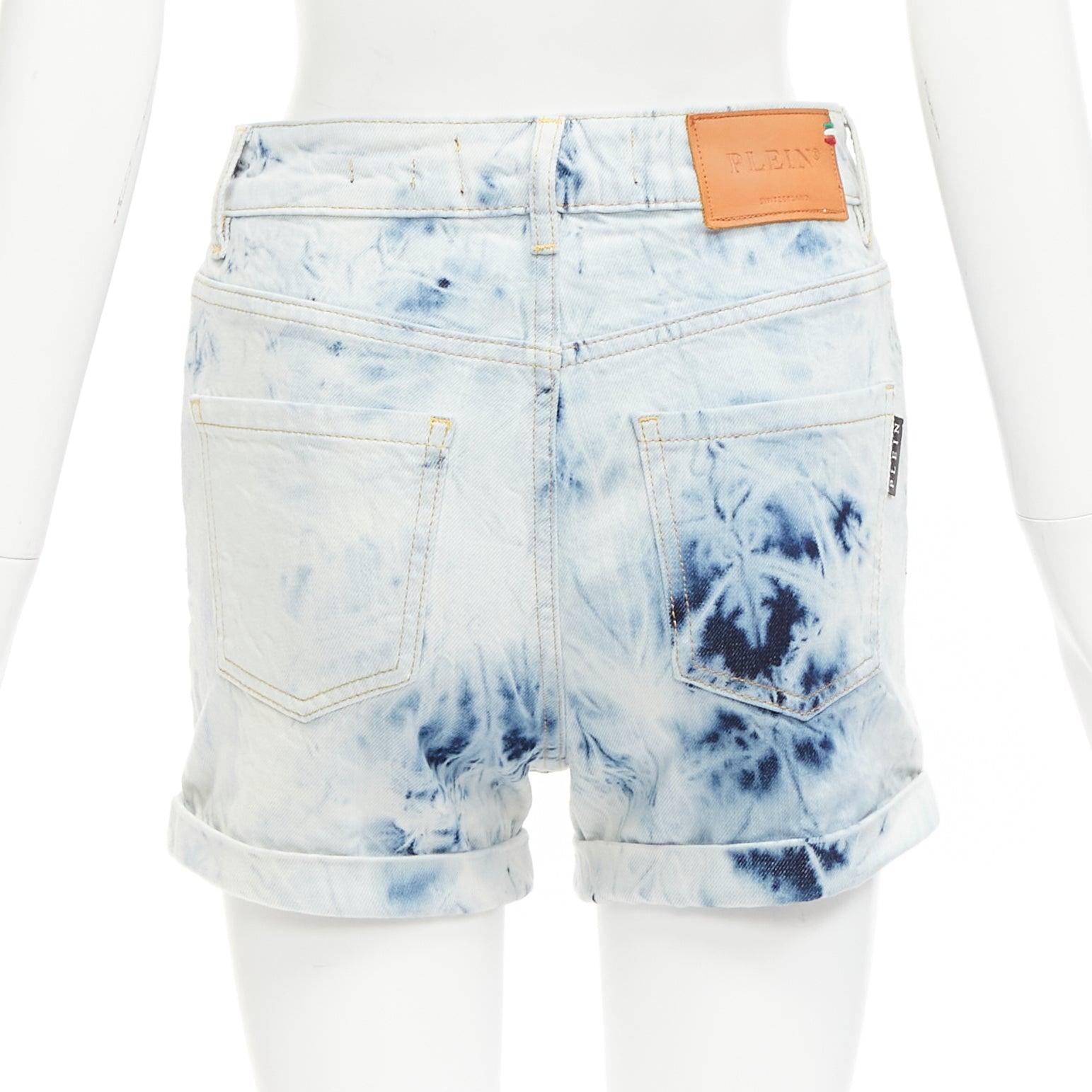 Women's PHILLIP PLEIN Hot Pants blue acid washed logo tag cuffed shorts 25