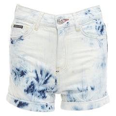 PHILLIP PLEIN Hot Pants blue acid washed logo tag cuffed shorts 25"