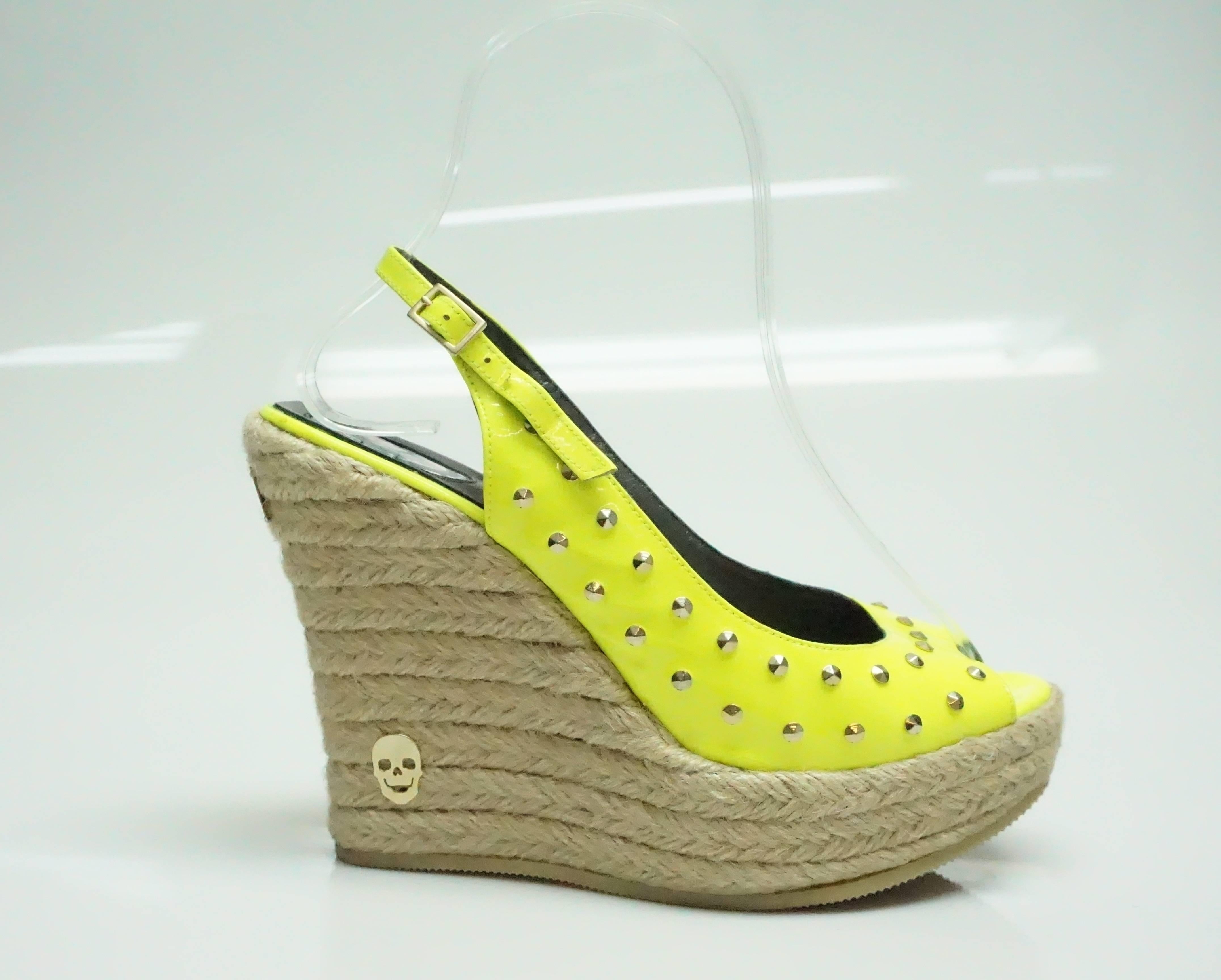 Phillip Plein Lime Patent Raffia Slingback Wedge - 37  These beautifully bright wedges are in excellent condition. They are made of a neon lime patent material and are embellished with silver studs. It is a slingback style shoe and the wedges have a