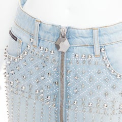 PHILLIP PLEIN New Skirt blue cotton stud crystal front zip skirt 25"