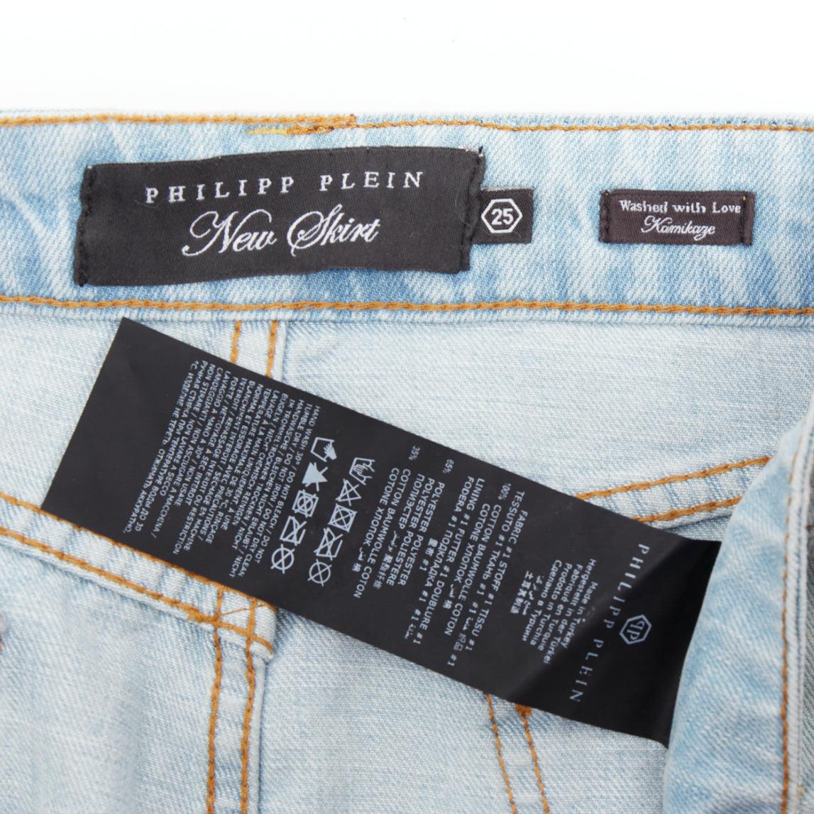 Jupe PHILLIP PLEIN neuve en coton bleu avec clous et fermeture éclair sur le devant 25 po. en vente 3
