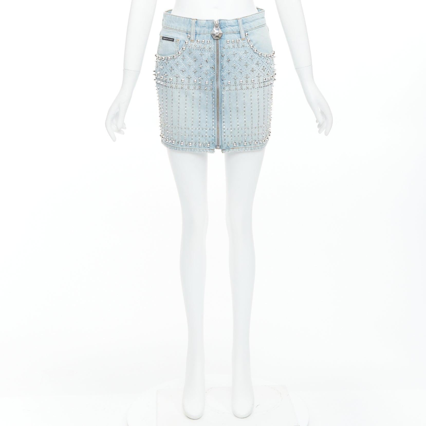 Jupe PHILLIP PLEIN neuve en coton bleu avec clous et fermeture éclair sur le devant 25 po. en vente 4