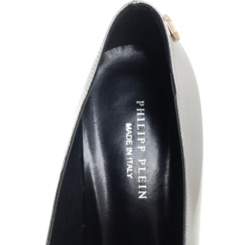 Women's Phillip Plein Silver Leather Peep Toe Buckle Detail Platform Pumps Size 38 For Sale