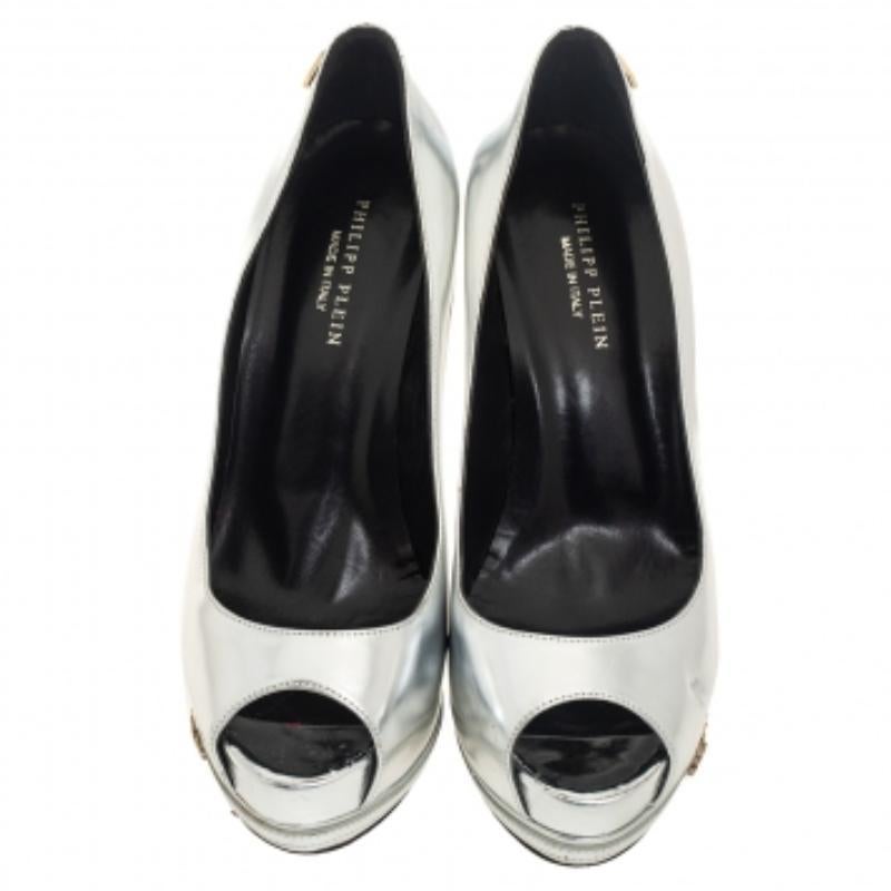 Phillip Plein Silver Leather Peep Toe Buckle Detail Platform Pumps Size 38 For Sale 1