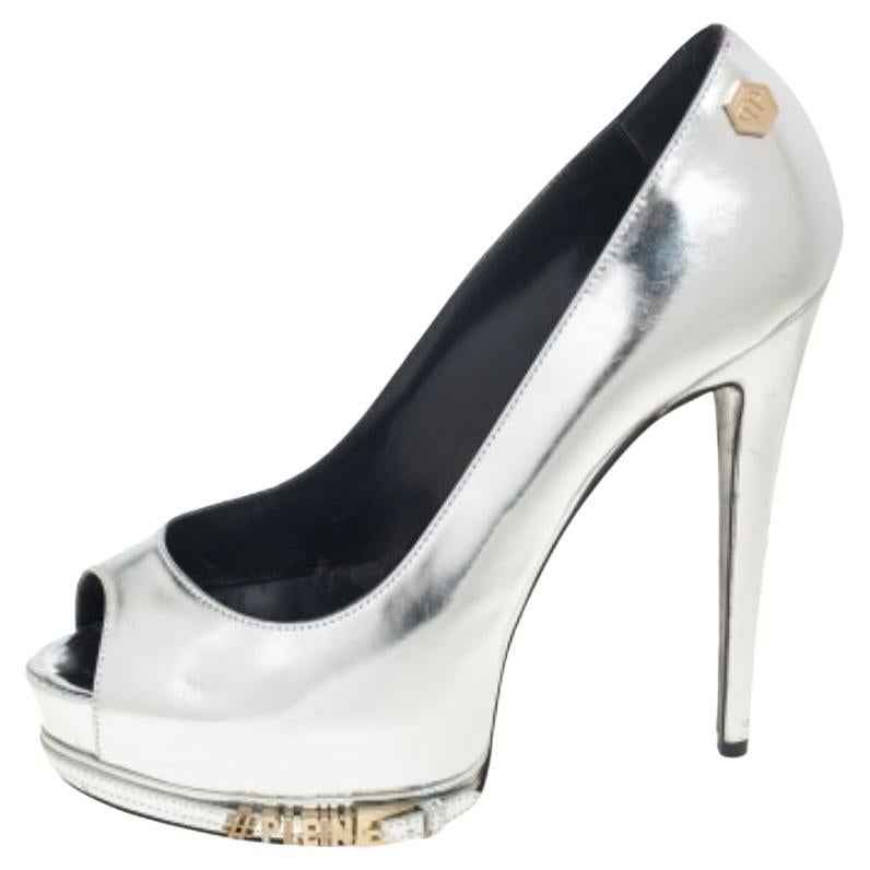 Phillip Plein Silver Leather Peep Toe Buckle Detail Platform Pumps Size 38 For Sale