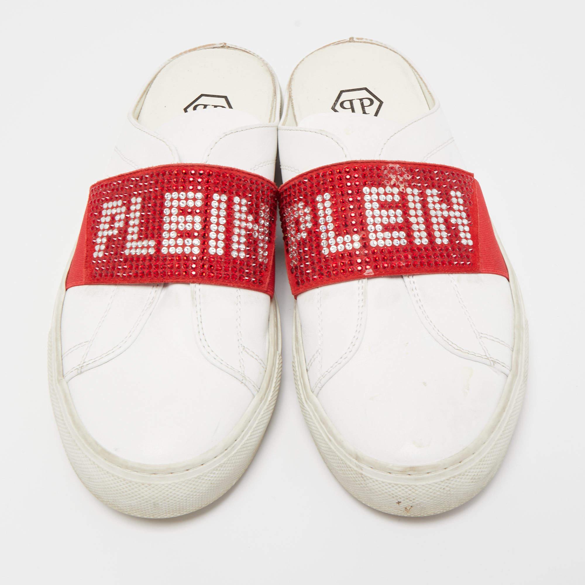 Beige Phillip Plein White/Red Leather Crystal Embellished Logo Sneaker Mules Size 38 For Sale