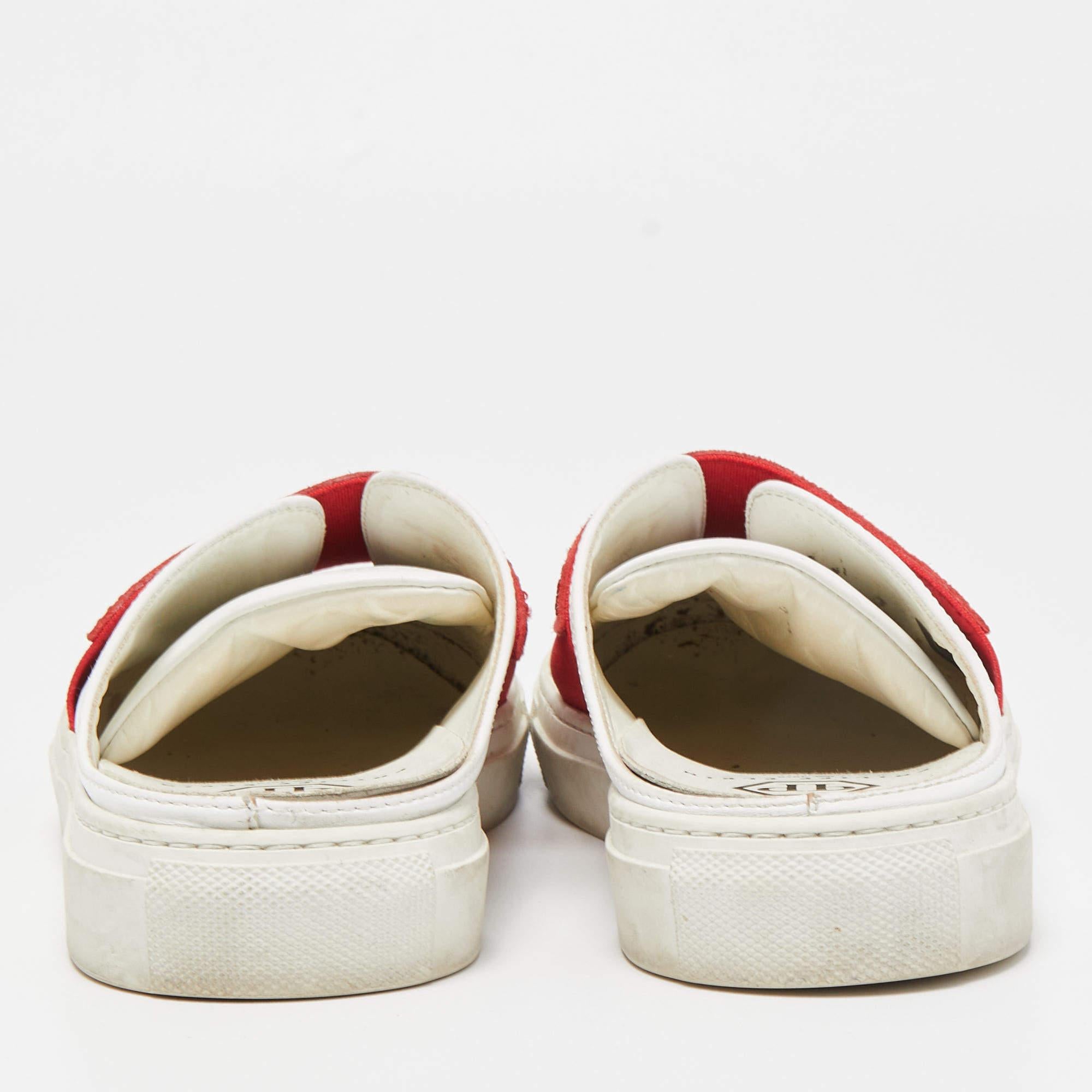 Women's Phillip Plein White/Red Leather Crystal Embellished Logo Sneaker Mules Size 38 For Sale