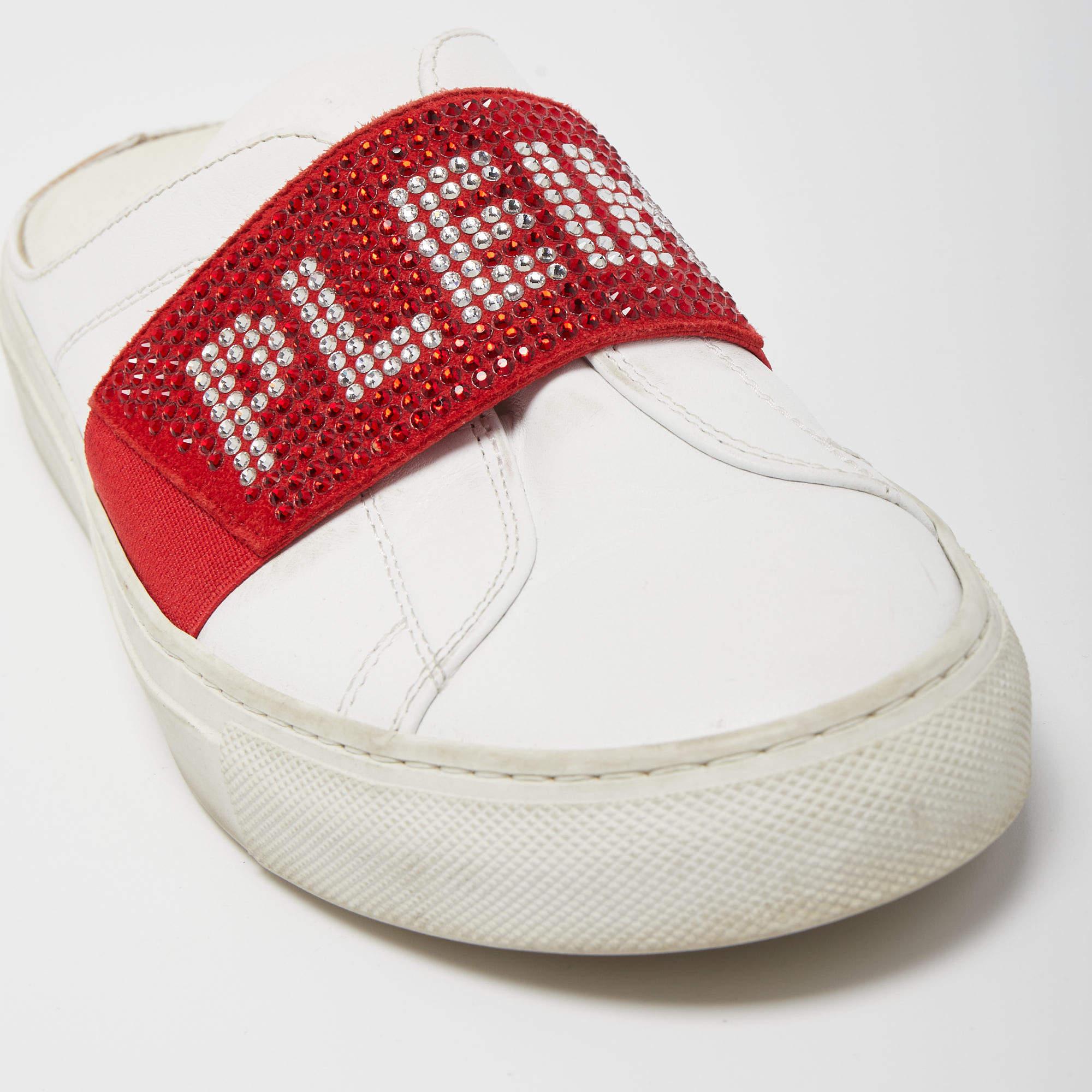 Phillip Plein White/Red Leather Crystal Embellished Logo Sneaker Mules Size 38 For Sale 3