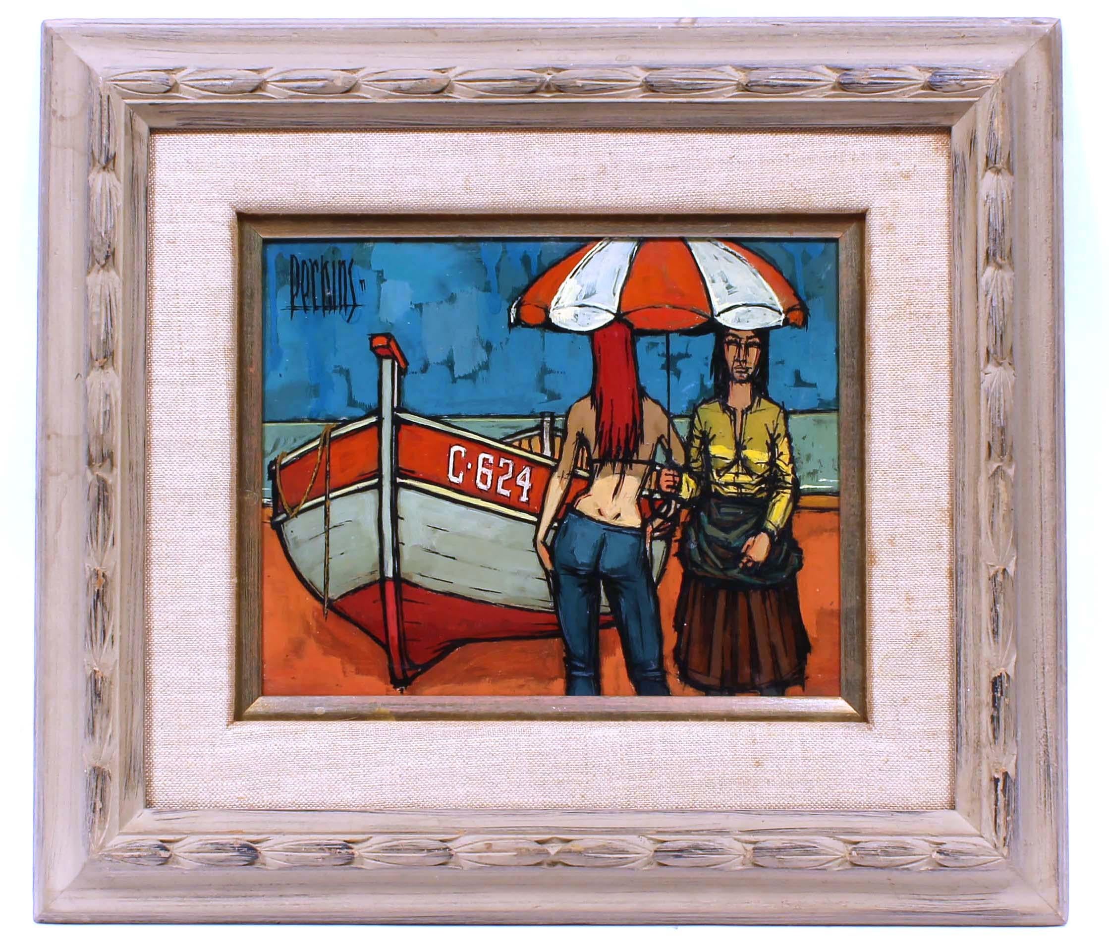 Vintage American colorful kitschy realist painting of women at the beach with a boat by well listed artist Phillip R. Perkins. Framed, oil on board.

Born in a small town in Illinois, Philip R. Perkins became a painter widely acknowledged for his