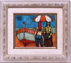Vintage American Colorful Kitschy Realist Painting Women at the Beach with Boat
