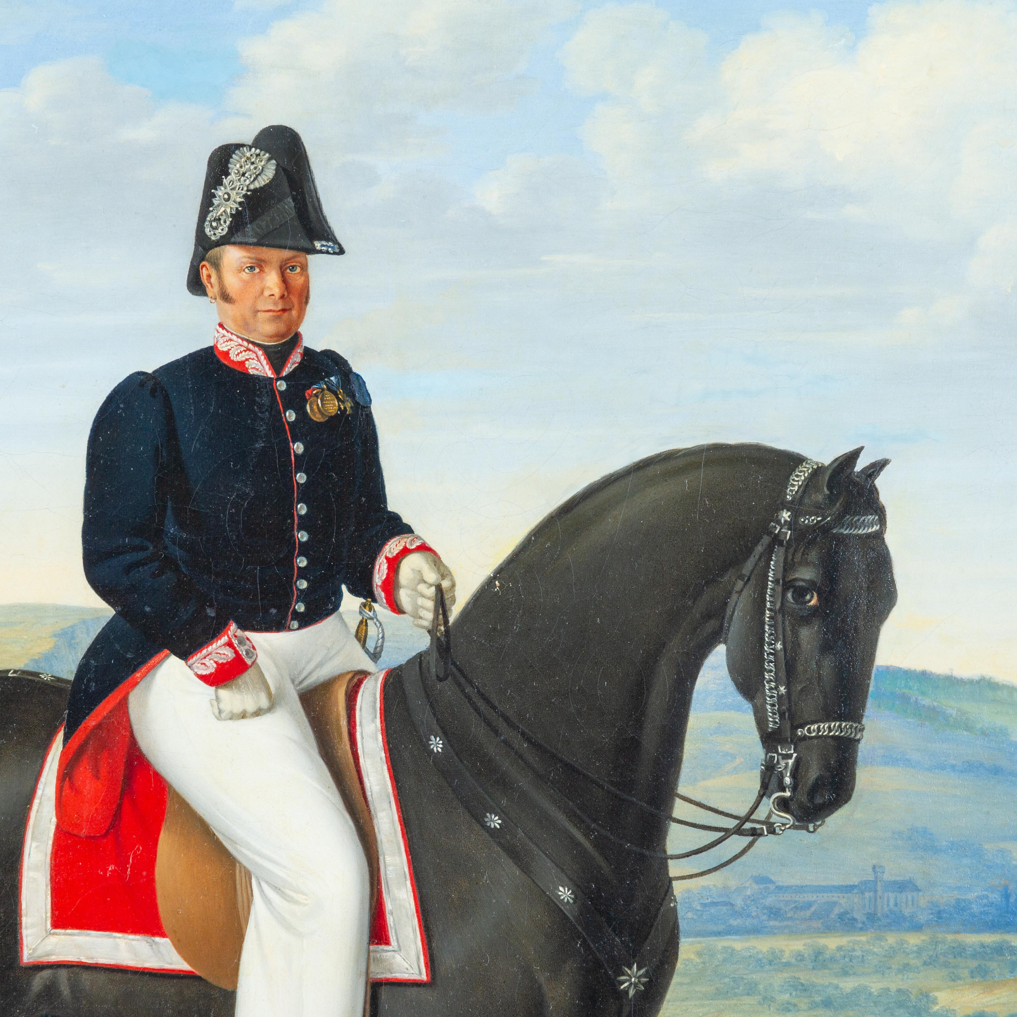 Dipinto a olio su tela tedesco del XIX secolo, raffigurante un ufficiale su un cavallo nero. 

Dimensioni: (senza cornice) 65 x 55 cm; (con cornice) 69 x 59 cm.
Provenienza: importante collezione privata - precedentemente venduta da Sotheby's.
In