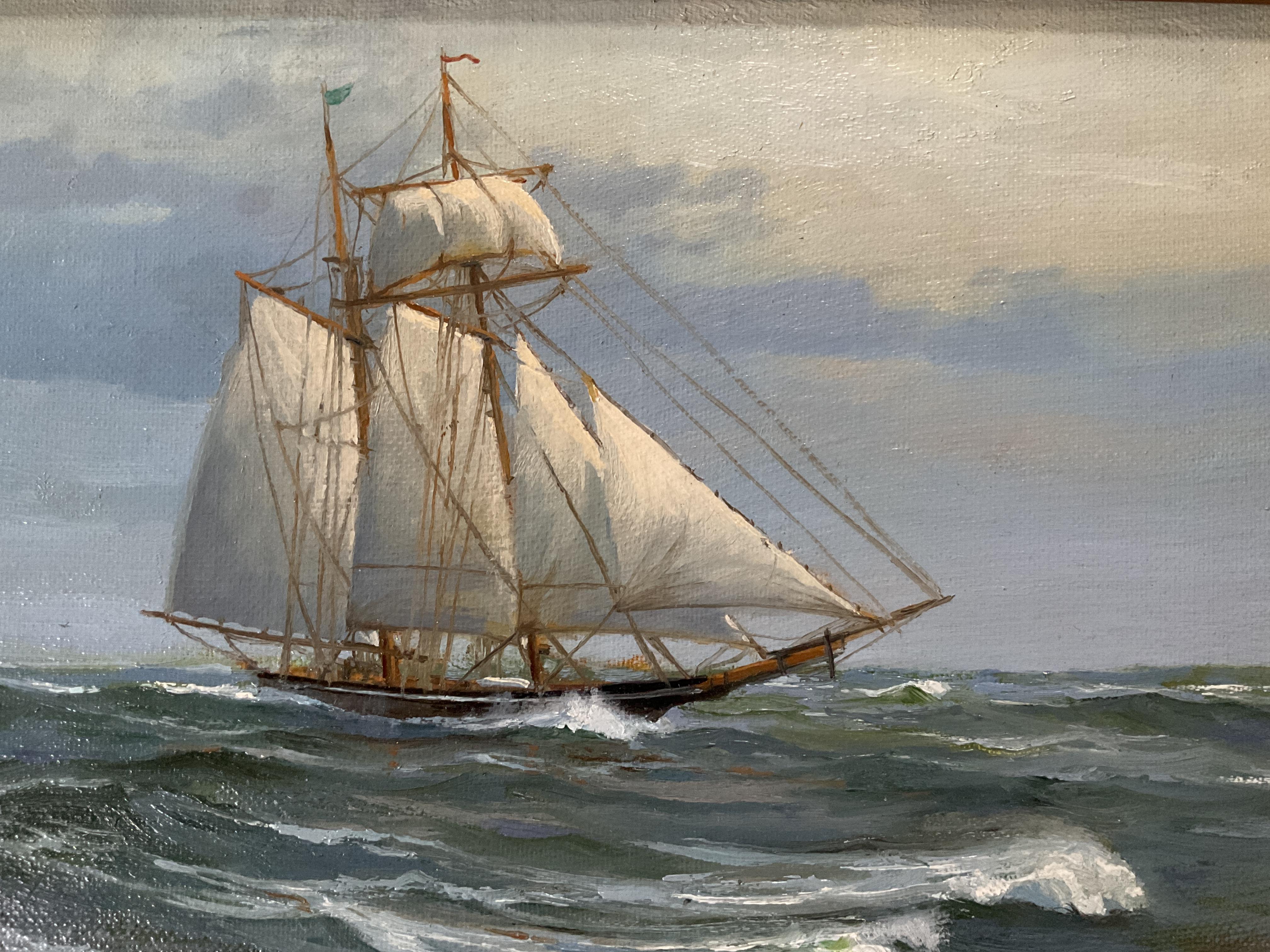 West Coast artist Phillip Schuster is a well known maritime painter who was born in 1948.  This work, signed by him in the lower left and titled “Last Days” on the reverse side, may be referring to the end of the voyage for this schooner.

The ship
