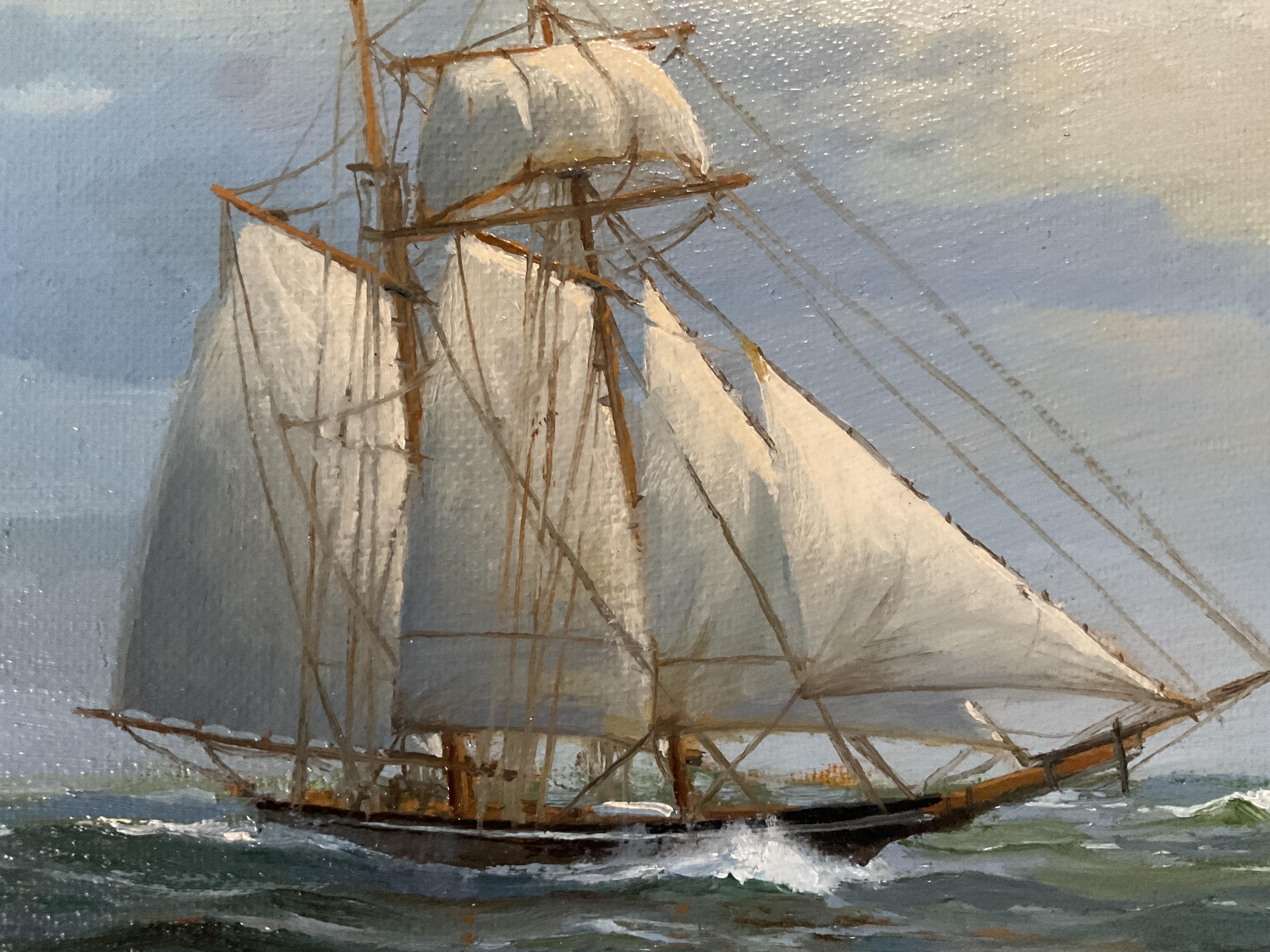 Vintage Schooner at Sea Oil Painting by Listed Artist Phillip Schuster 1
