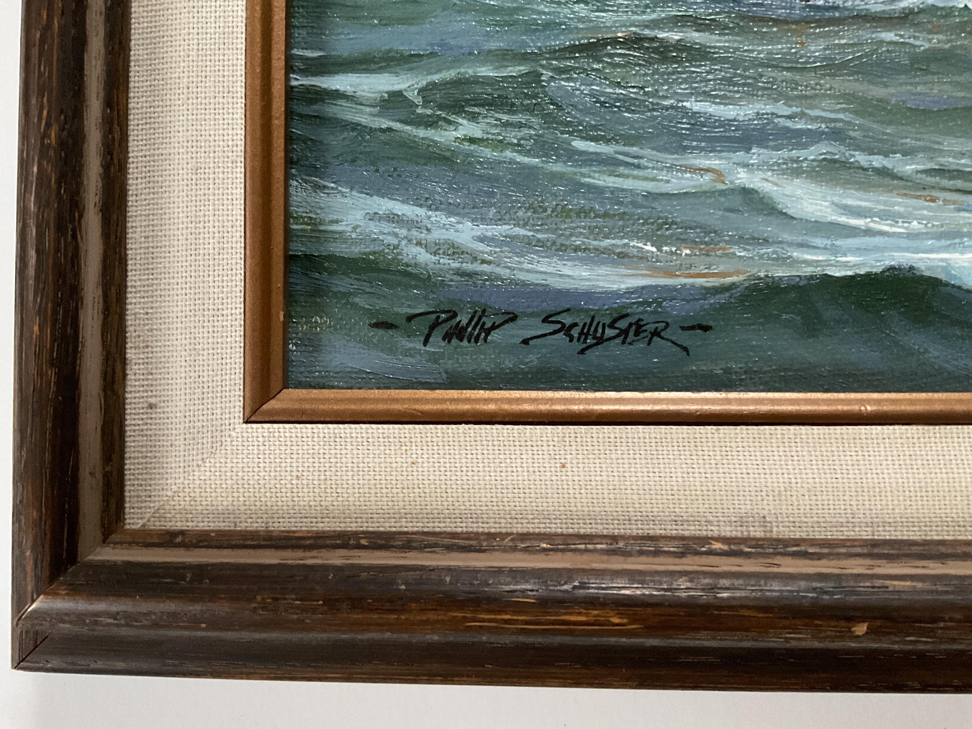 Vintage Schooner at Sea Oil Painting by Listed Artist Phillip Schuster 2