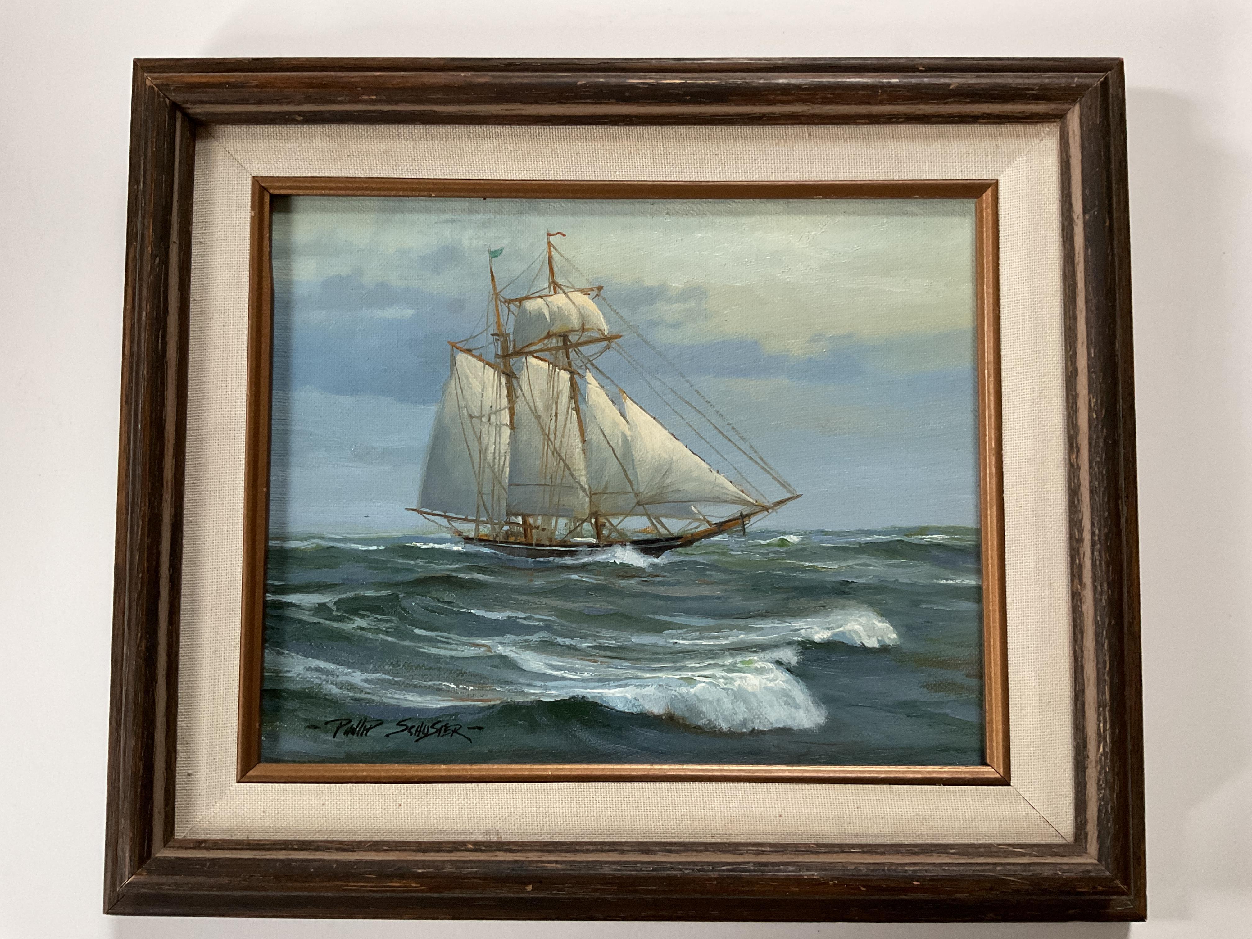 Der Westküstenkünstler Phillips Schuster ist ein bekannter maritimer Maler, der 1948 geboren wurde.  Dieses Werk, das von ihm links unten signiert und auf der Rückseite mit "Last Days" betitelt ist, bezieht sich möglicherweise auf das Ende der Reise