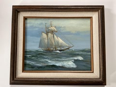 Peinture à l'huile vintage Schooner at Sea de l'artiste répertorié Phillip Schuster