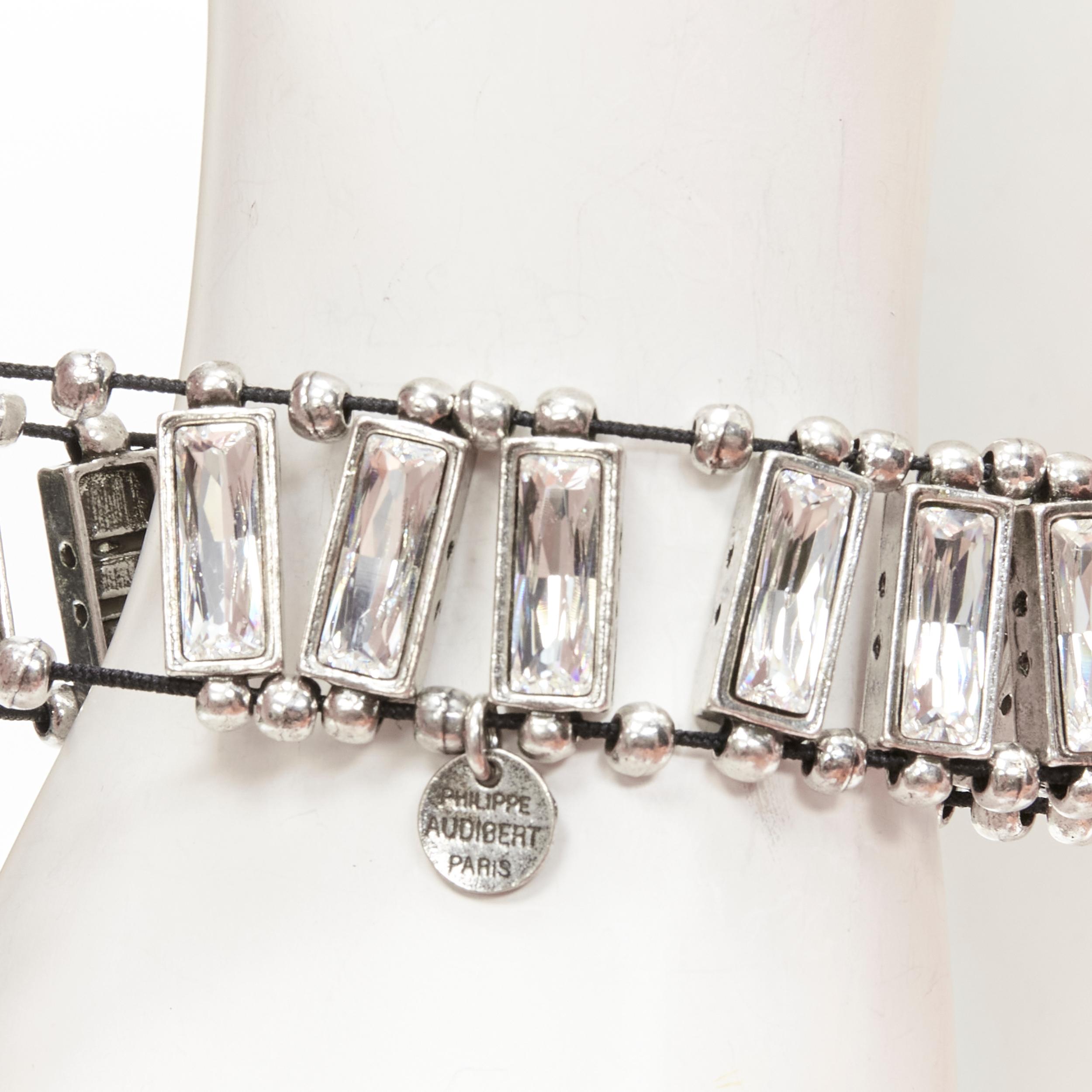PHILLIPE AUDIBERT antique silver bead baguette crystal elastic bracelet In Good Condition For Sale In Hong Kong, NT