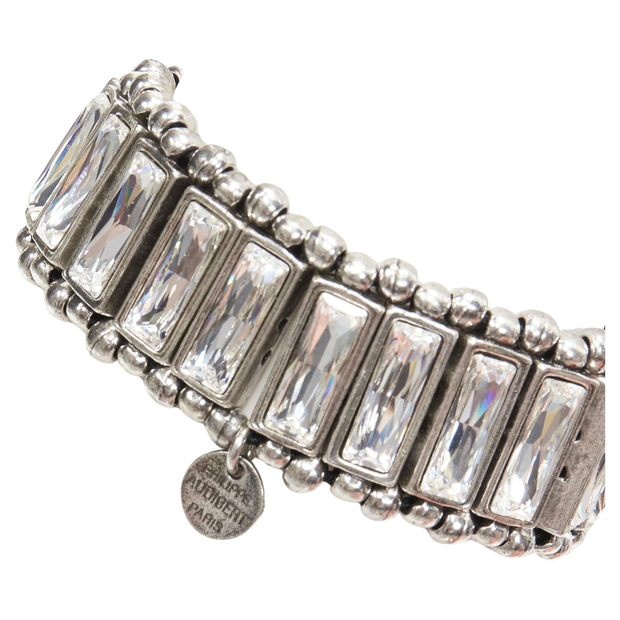 PHILLIPE AUDIBERT antique silver bead baguette crystal elastic bracelet