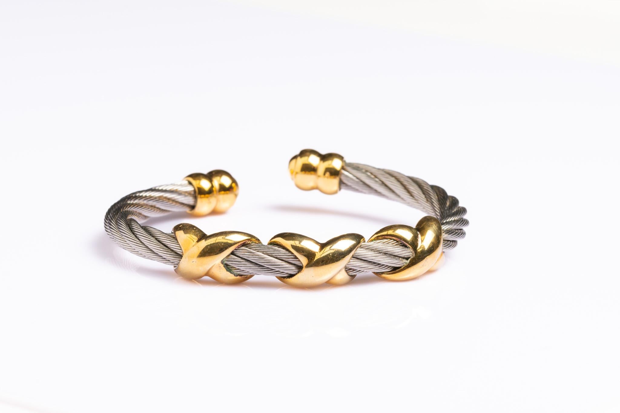 Phillipe Charriol 18ct Gold and Stainless Steel Cable Bangle In Excellent Condition In Portland, England