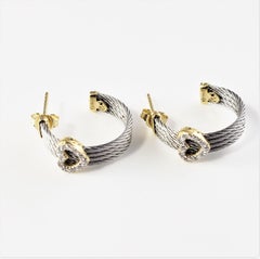 Phillipe Charriol Steel and 18 Karat Yellow Gold Diamond Heart Hoop Earrings
