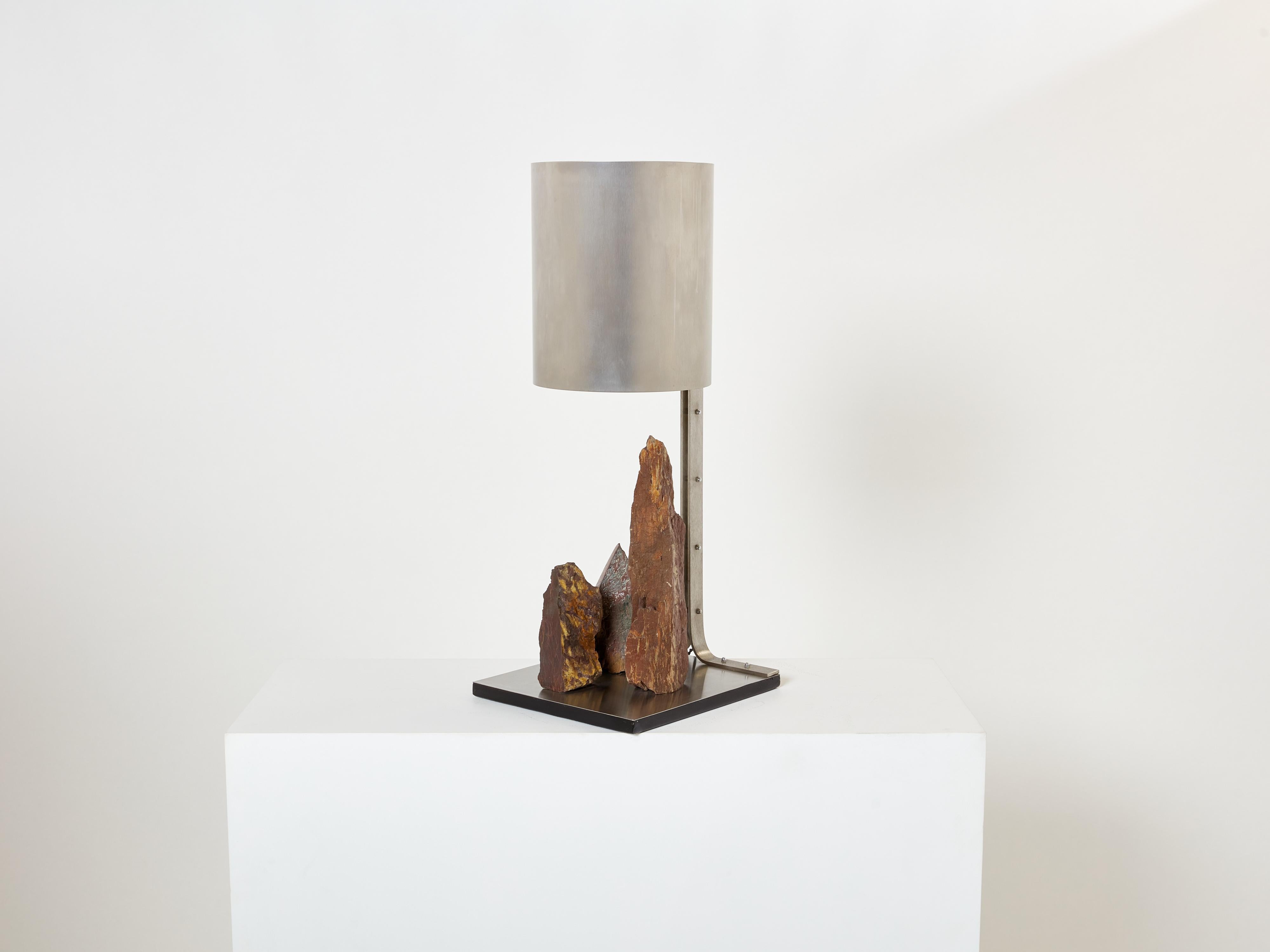 Mid-Century Modern Phillipe Jean brutalist table lamp steel and red shale 1970s For Sale