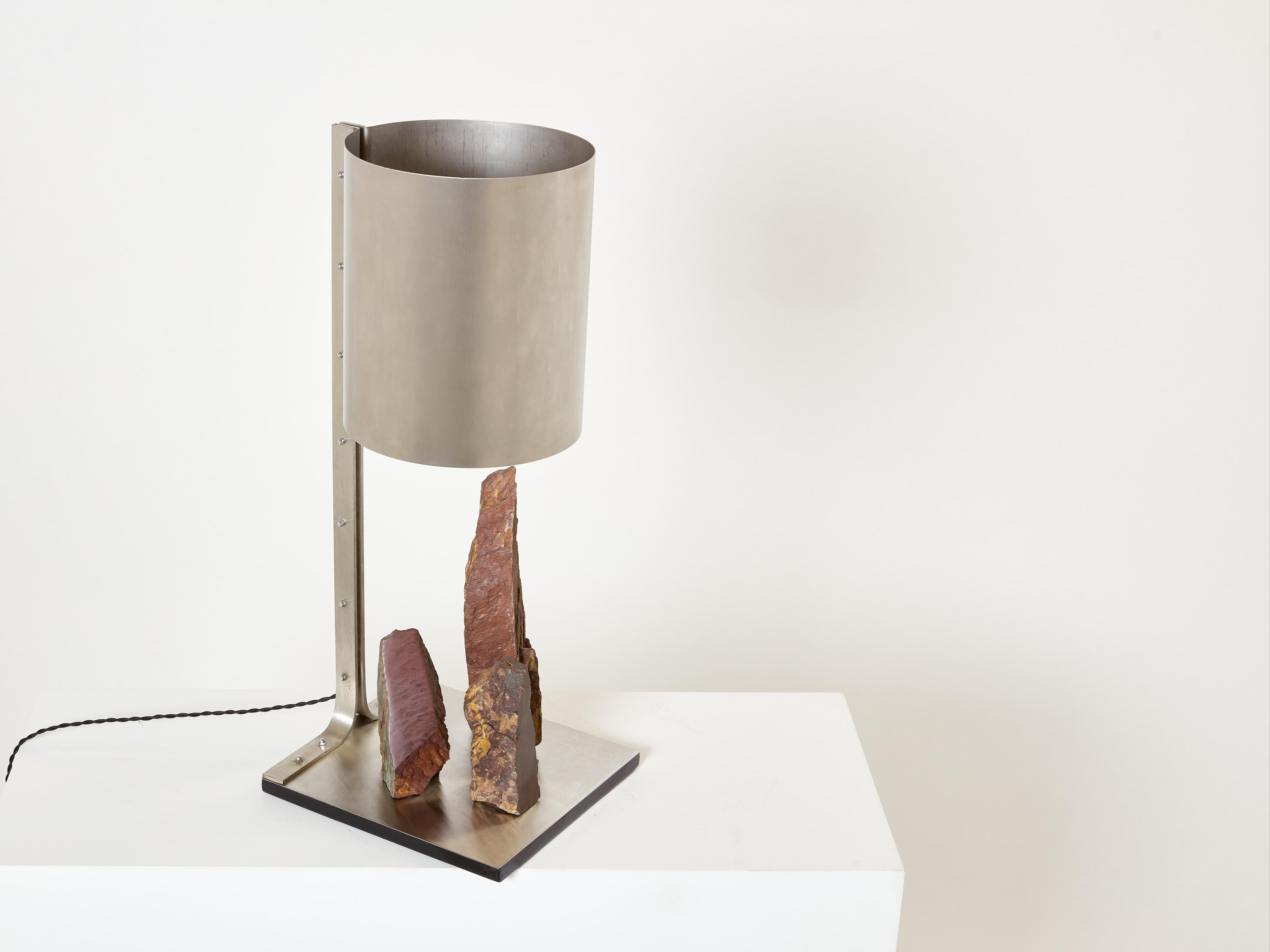 French Phillipe Jean brutalist table lamp steel and red shale 1970s For Sale