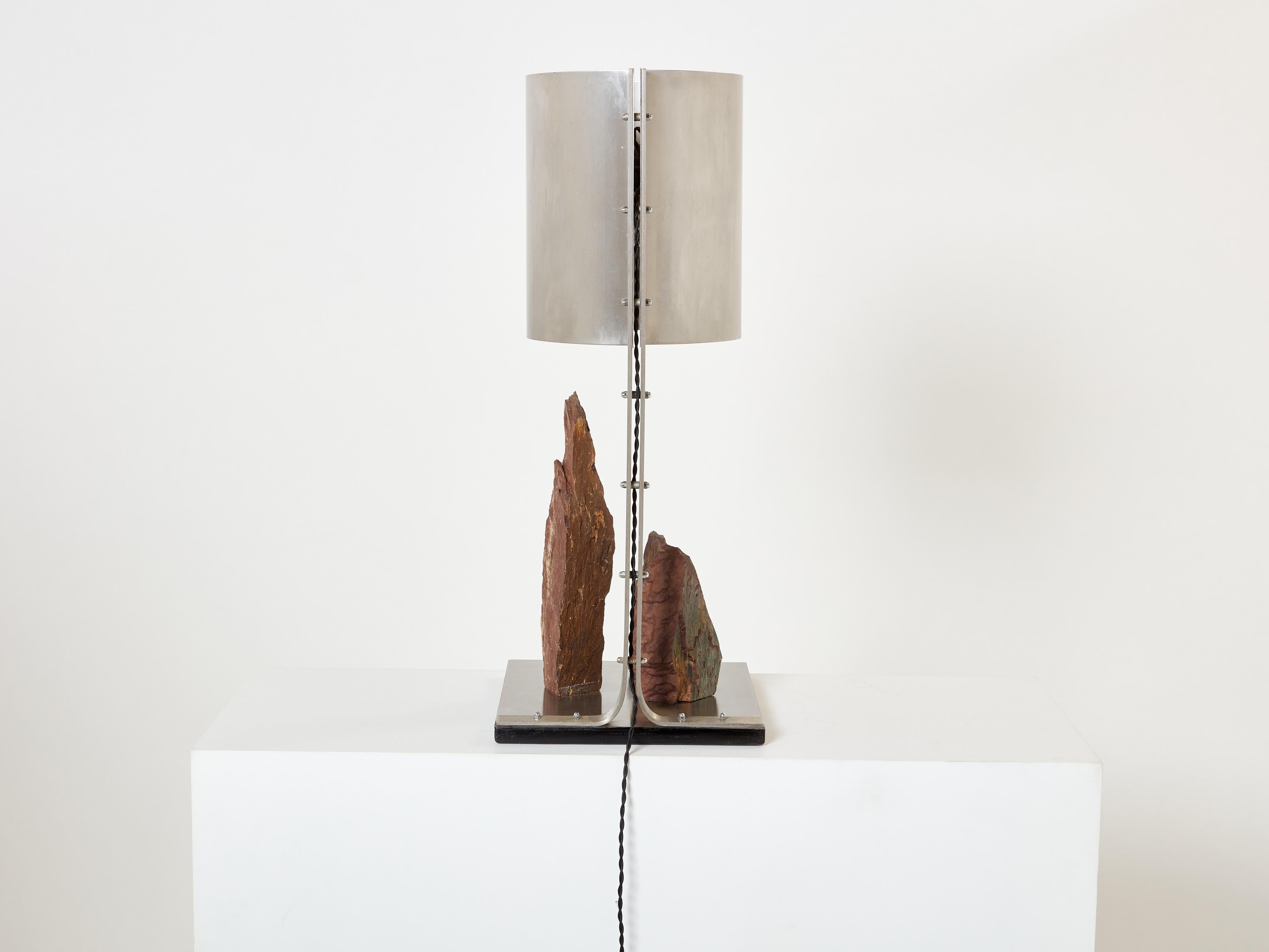 Late 20th Century Phillipe Jean brutalist table lamp steel and red shale 1970s For Sale