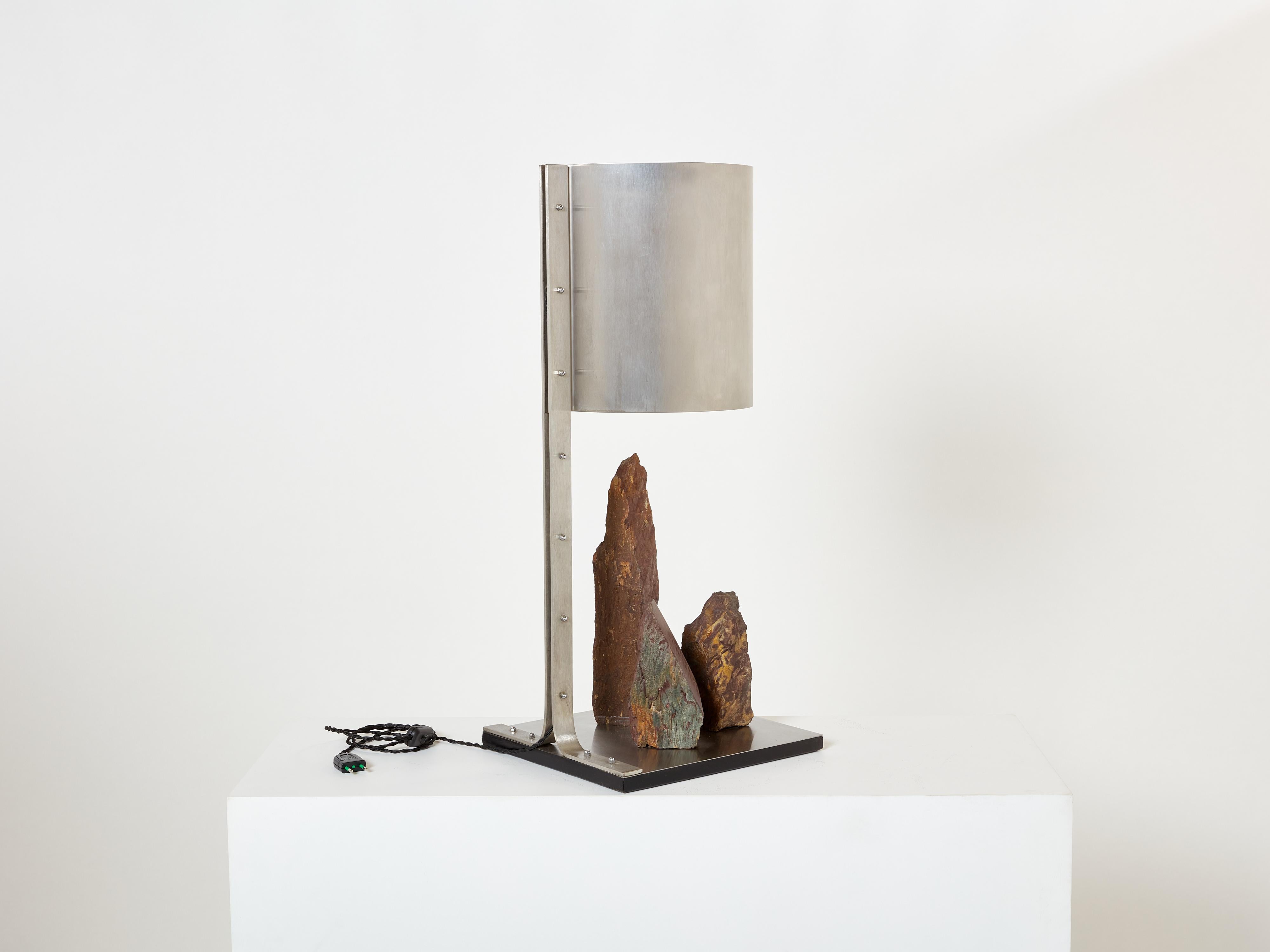 Steel Phillipe Jean brutalist table lamp steel and red shale 1970s For Sale