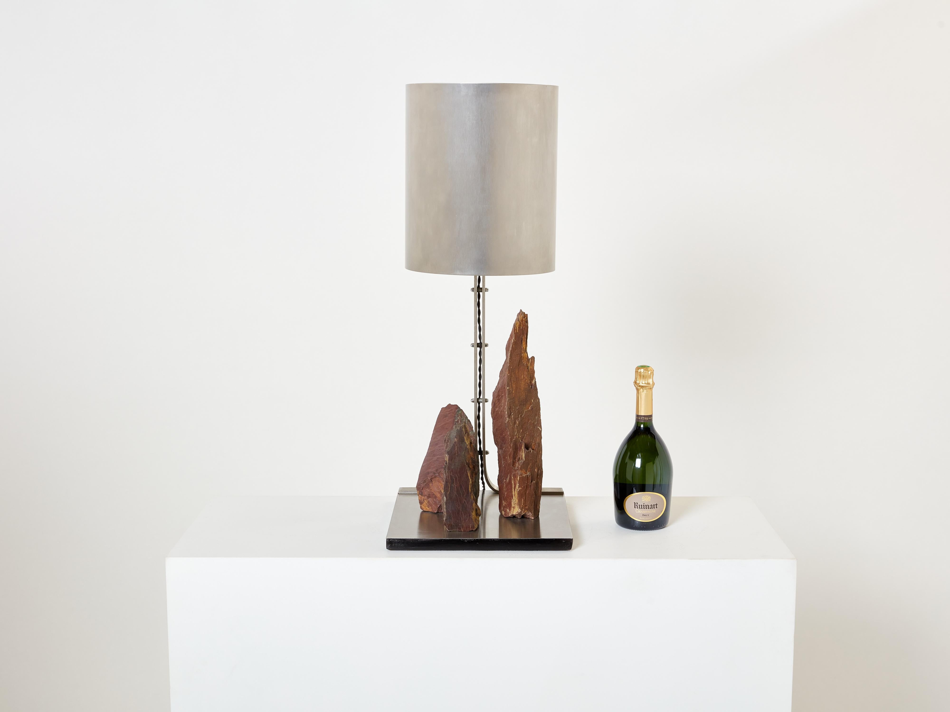 Phillipe Jean brutalist table lamp steel and red shale 1970s For Sale 1