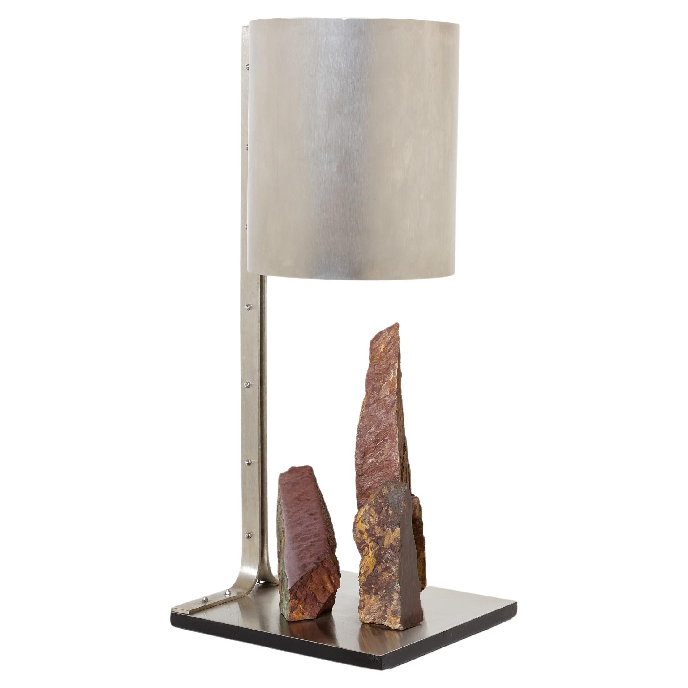 Phillipe Jean brutalist table lamp steel and red shale 1970s For Sale