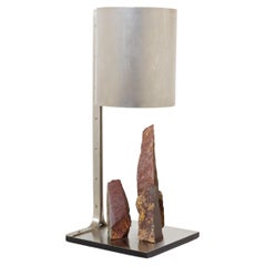 Vintage Phillipe Jean brutalist table lamp steel and red shale 1970s