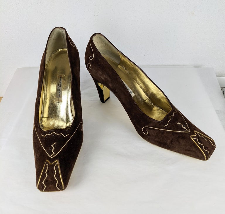 Phillipe Model Suede and Gold Kid Pumps For Sale at 1stDibs