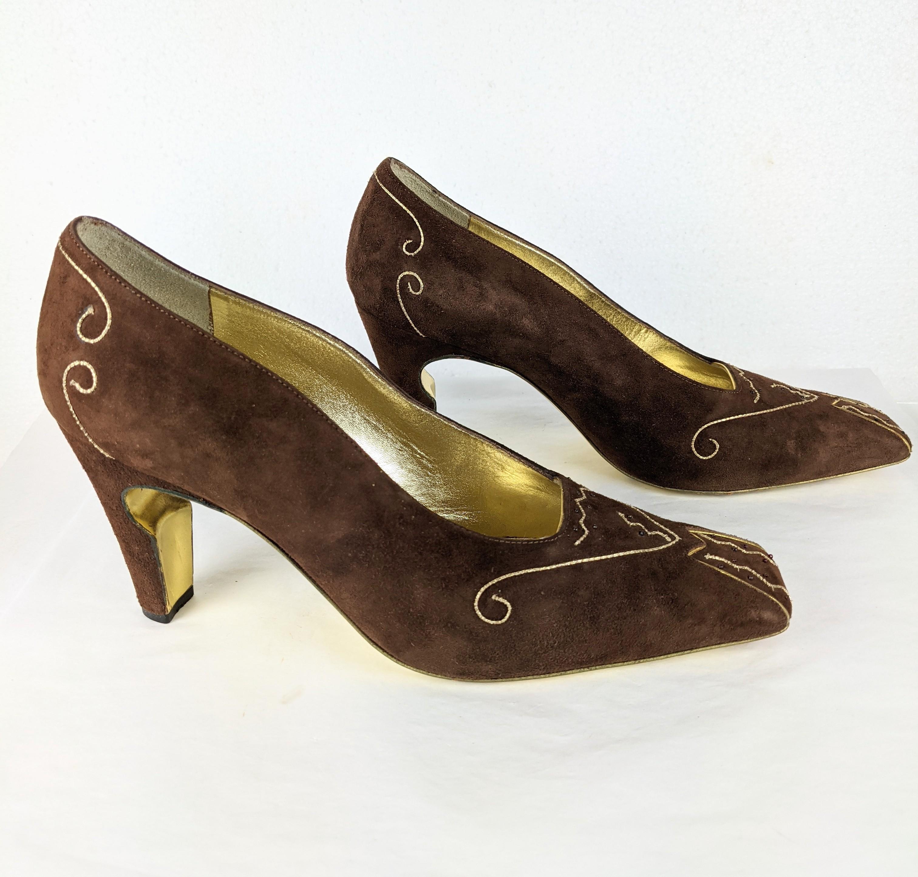 Phillipe Model Suede and Gold Kid Pumps In Good Condition For Sale In New York, NY