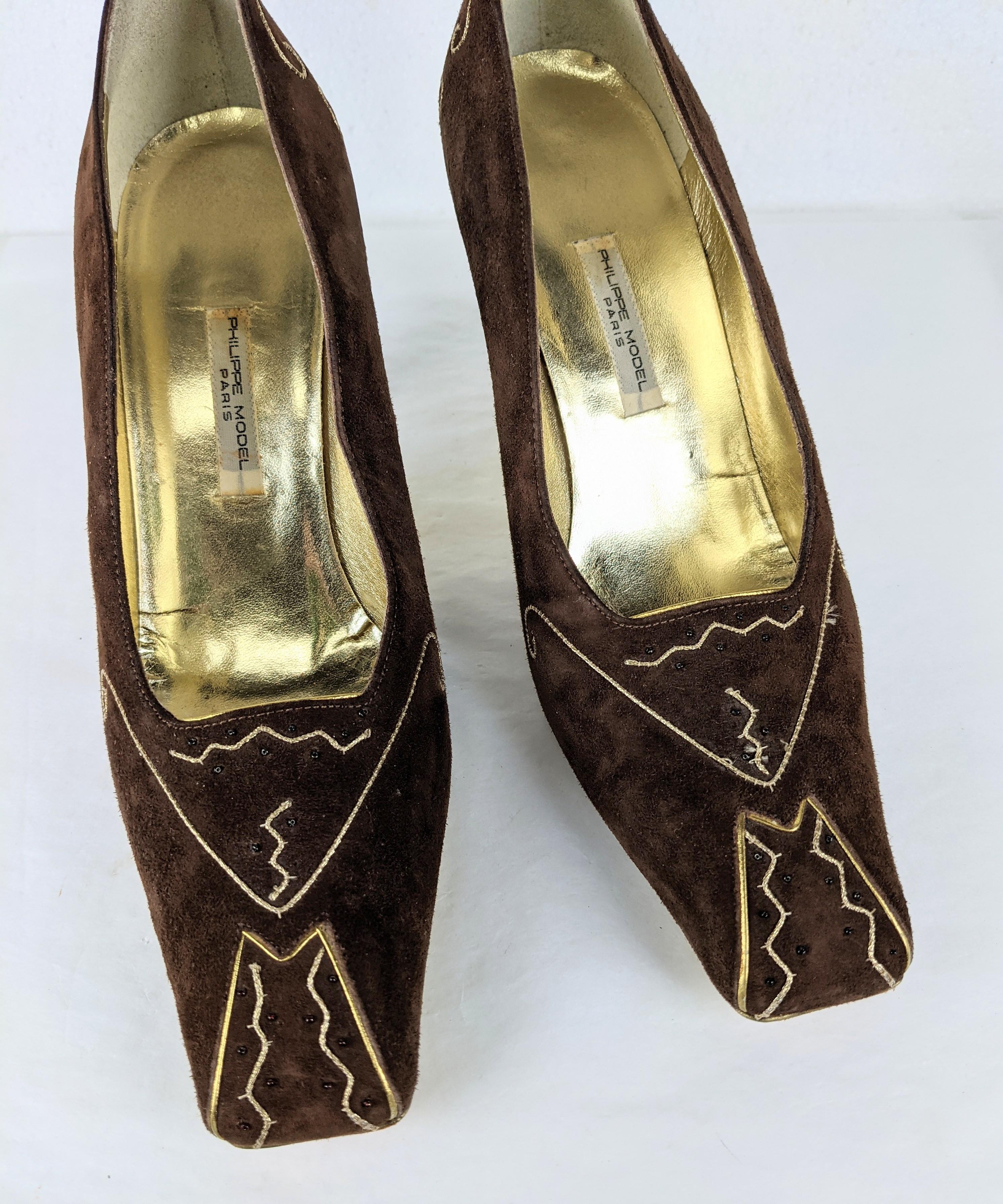 Women's Phillipe Model Suede and Gold Kid Pumps For Sale