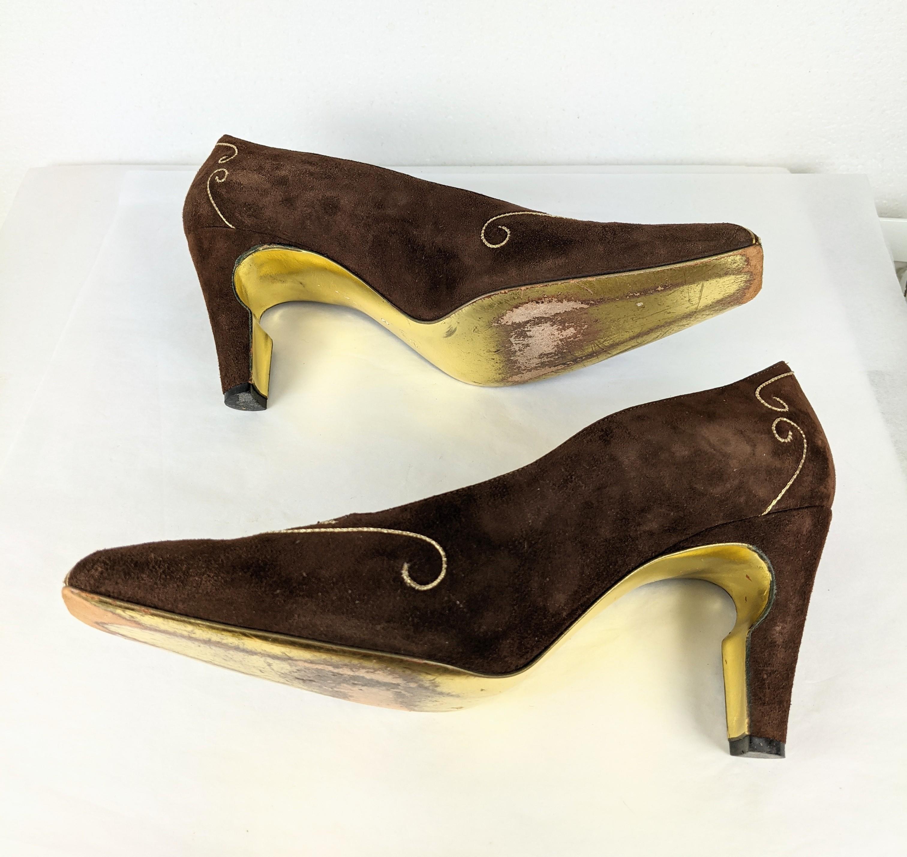 Phillipe Model Suede and Gold Kid Pumps For Sale 4