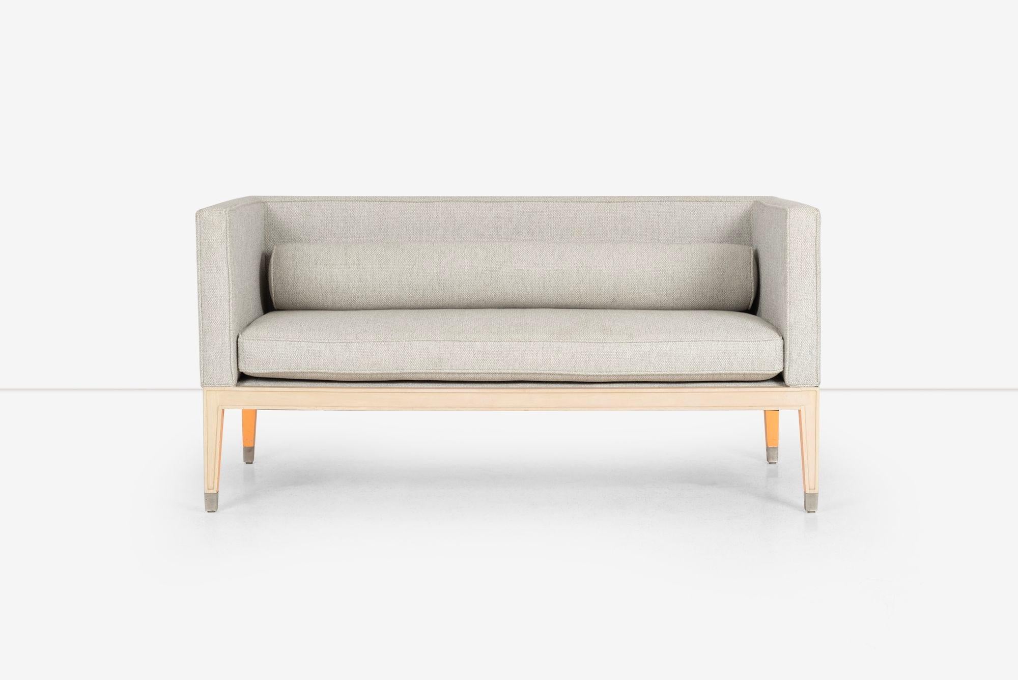 Phillipe Starck Sofa from The Clift Hotel San Fransisco
Wood frame with chrome feet caps and fluorescent detail on each leg.
Reupholstered with cotton-poly fabric and bolster
Dimensions:
66