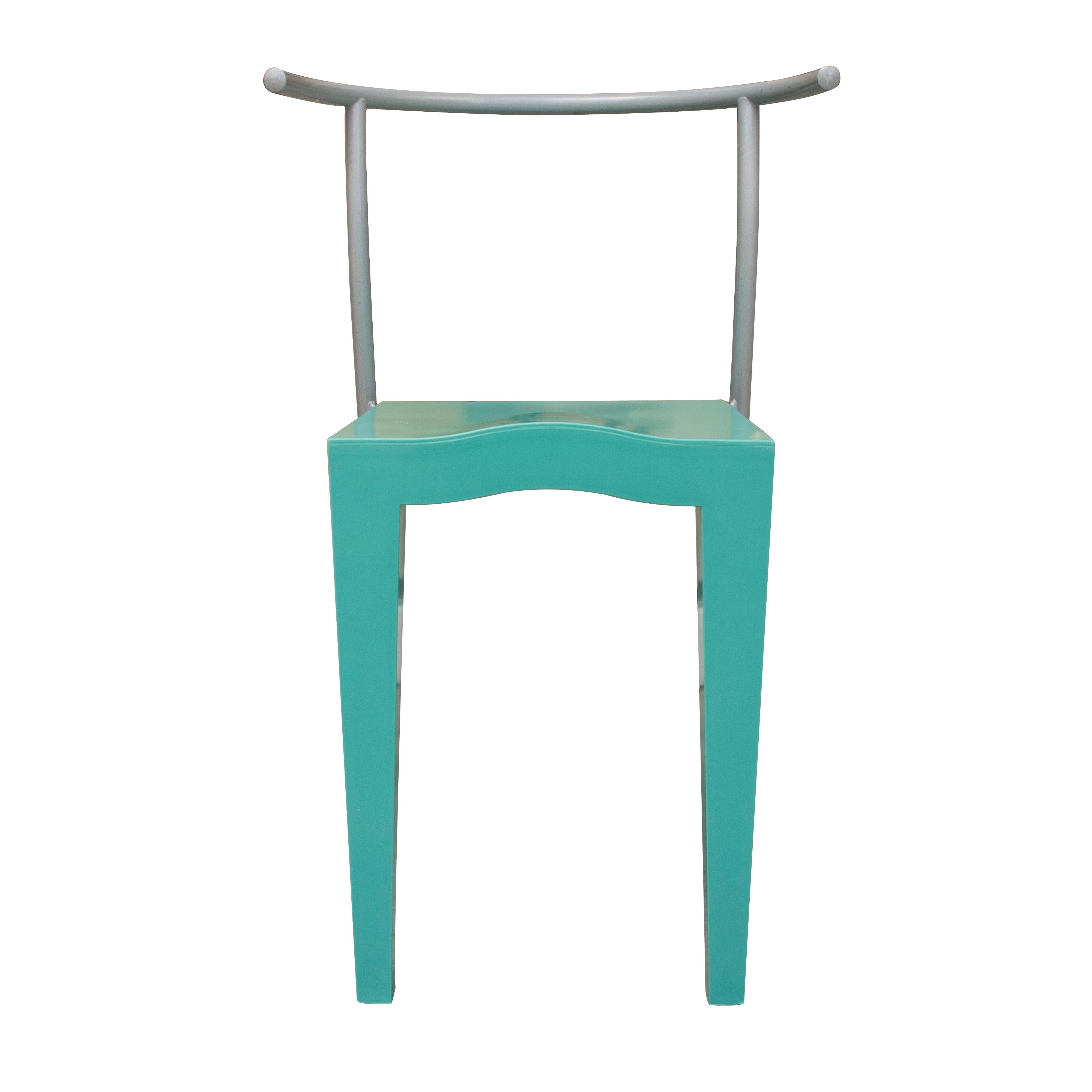 Set of 4 stackable chairs designed by Phillipe Starck in 1988 and edited by Kartell. Dr. Glob was born from the idea of bringing together different materials to achieve a firmer structure and a new design, based on the contrast between thickness and