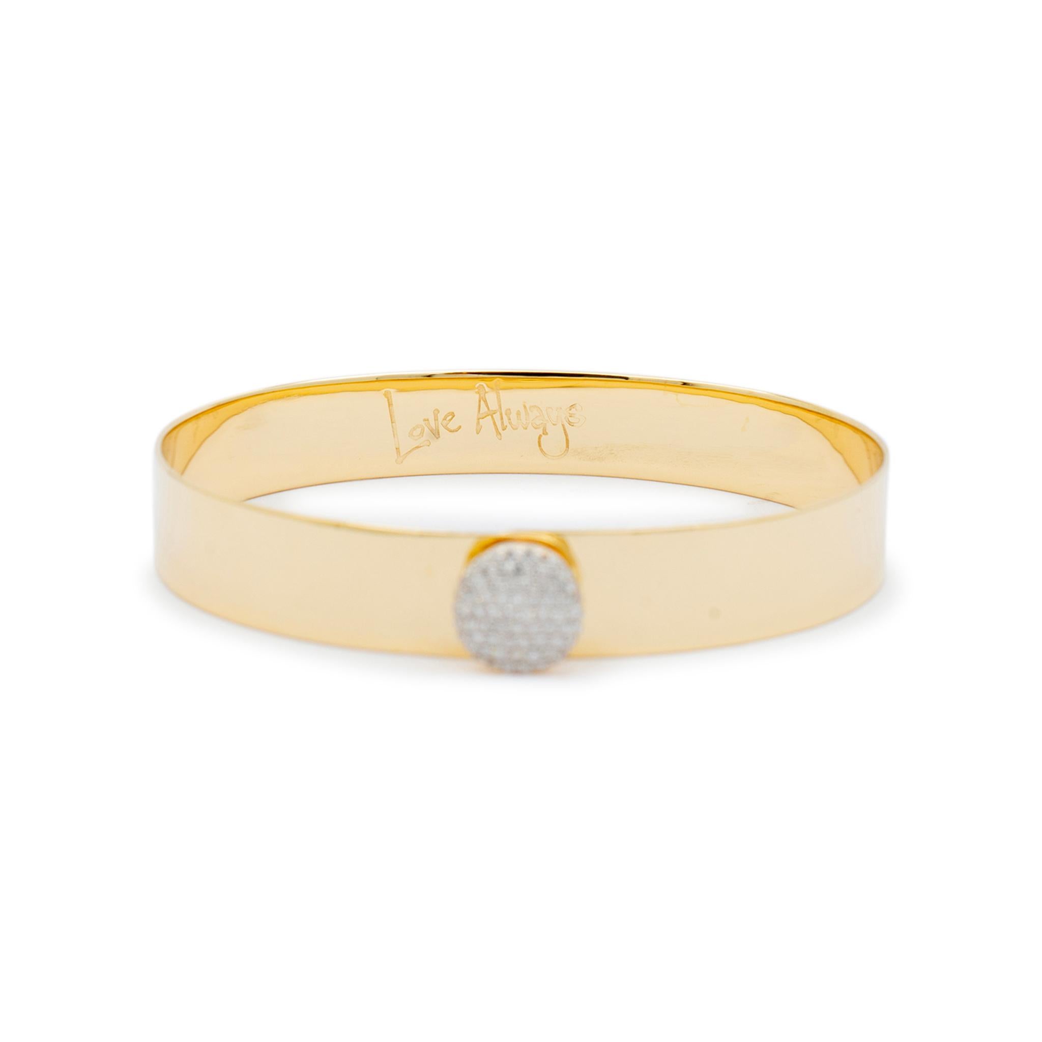 Brand: Phillips House

Gender: Ladies

Metal Type: 14K Yellow Gold

Length: 6.50 Inches

Width: 10.00 mm

Weight: 18.50 grams

Ladies 14K yellow gold diamond modern-style (1950 to present) bangle bracelet. Engraved with 