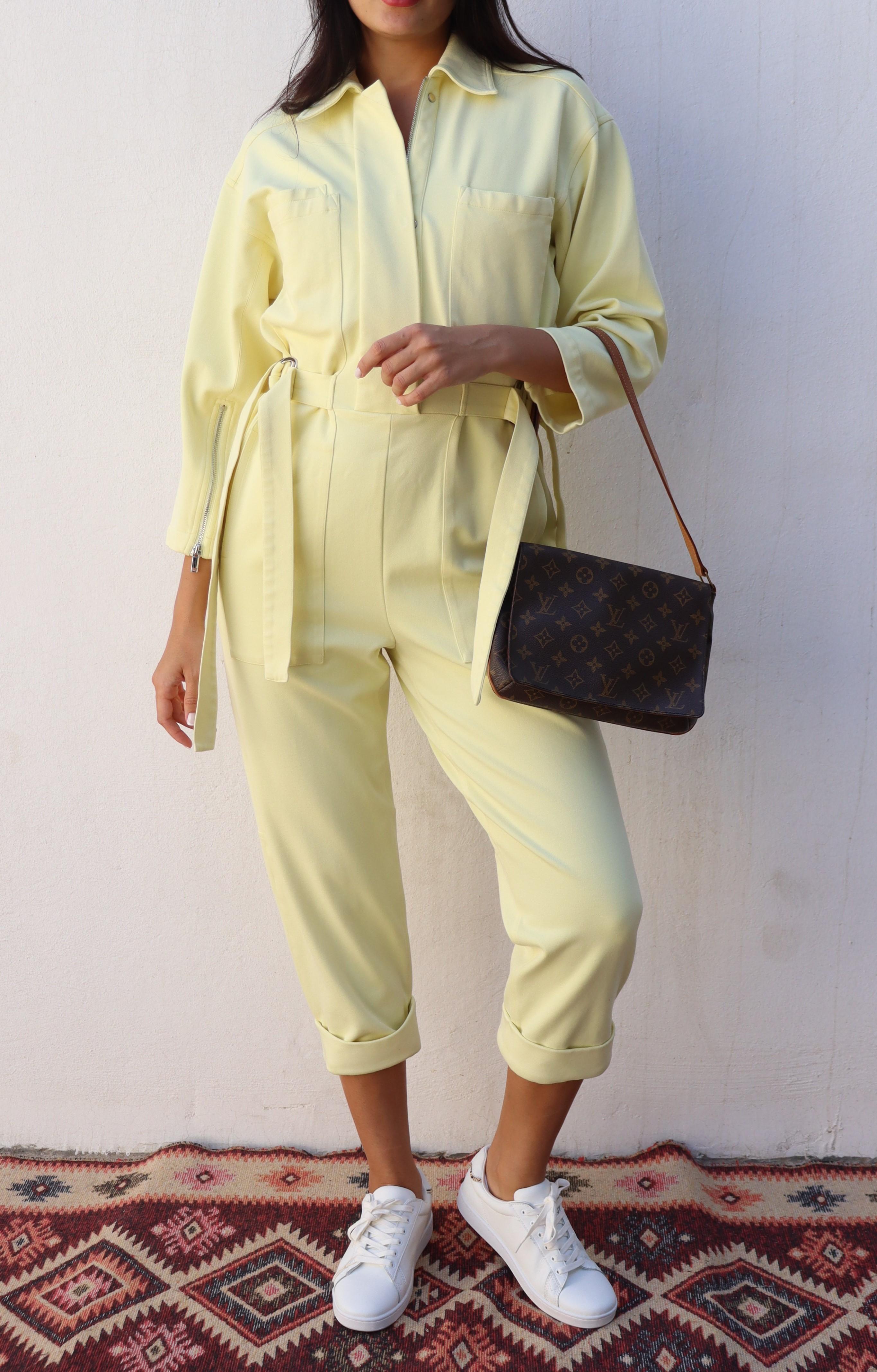 Phillips Lim Pastel Yellow Knit Twill Utility Jumpsuit Size Small In Excellent Condition For Sale In Amman, JO