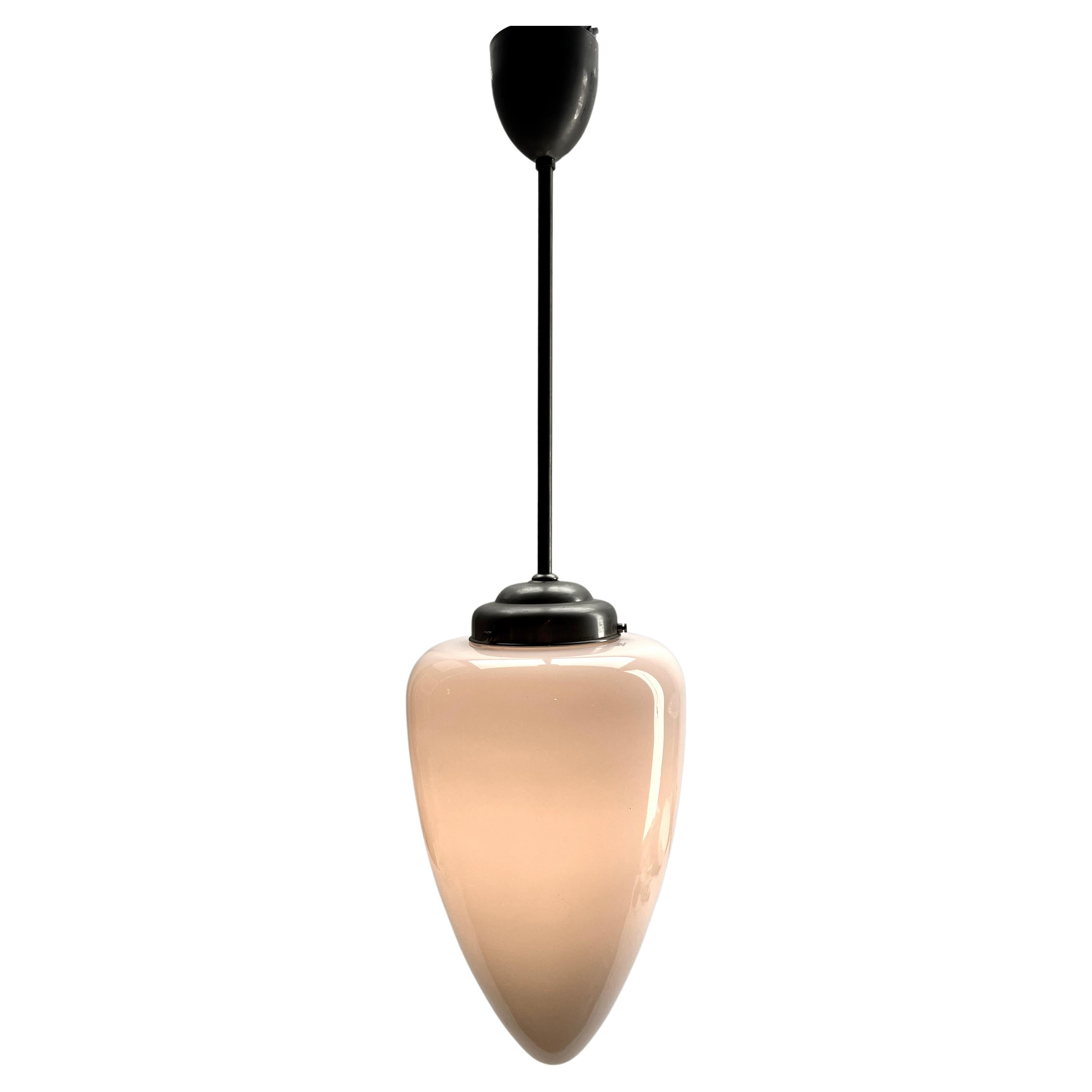 Lampada a sospensione Phillips con paralume opalino e finiture cromate, anni '30