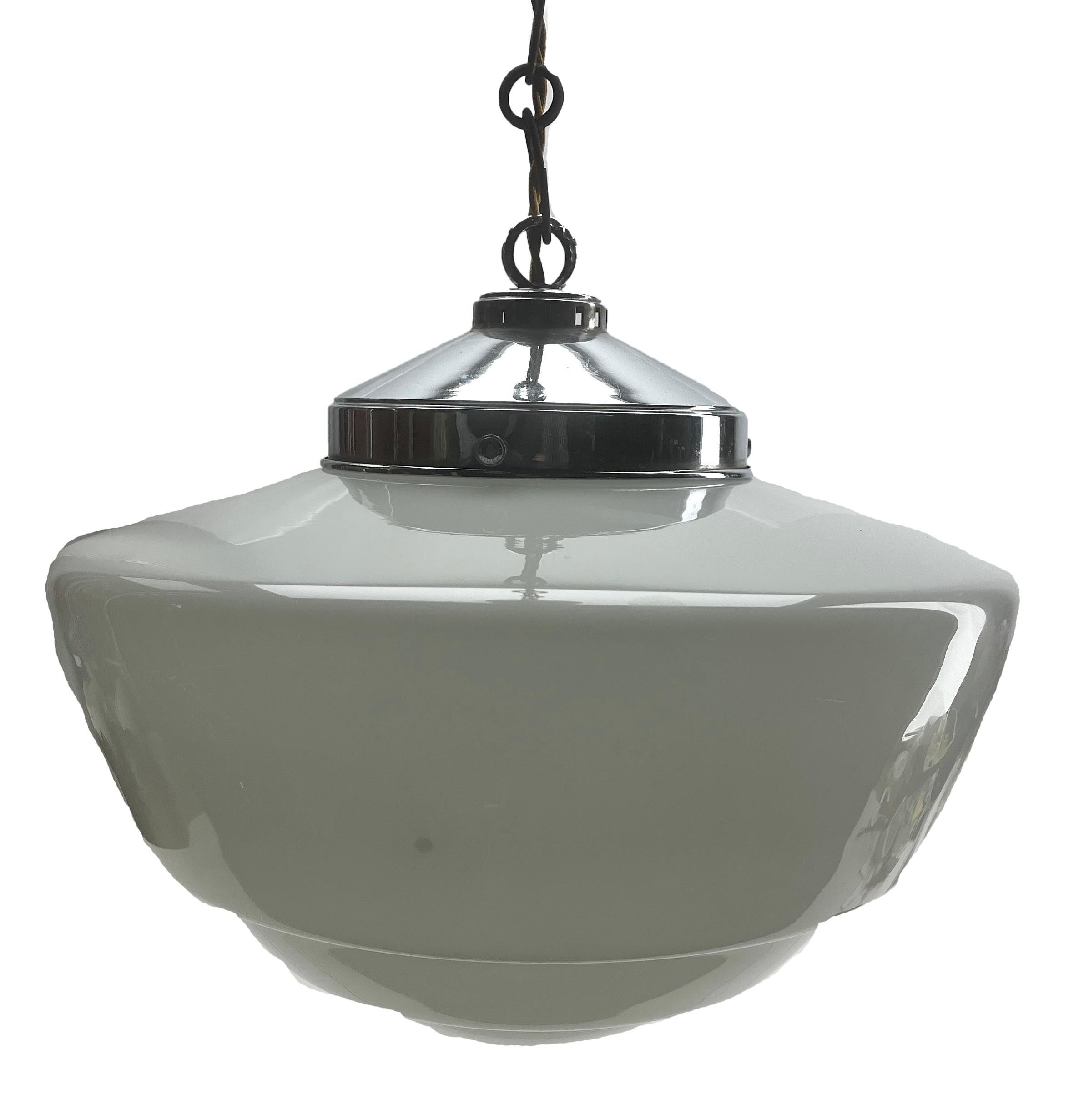 Dutch Phillips Pendant Lamp with a Opaline Shade and Chrome Fittings, 1930s, Holland For Sale