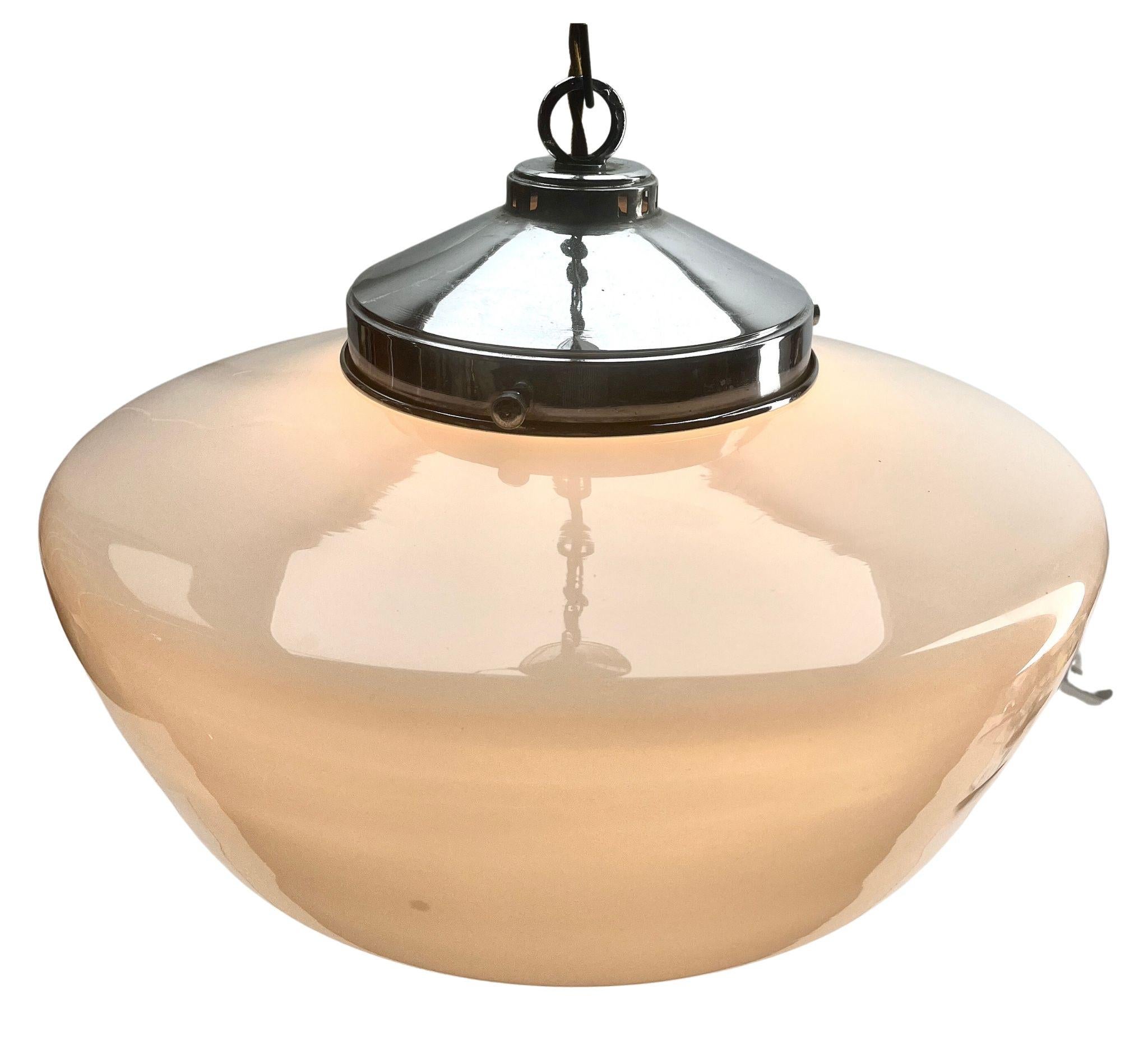 Blown Glass Phillips Pendant Lamp with a Opaline Shade and Chrome Fittings, 1930s, Holland For Sale