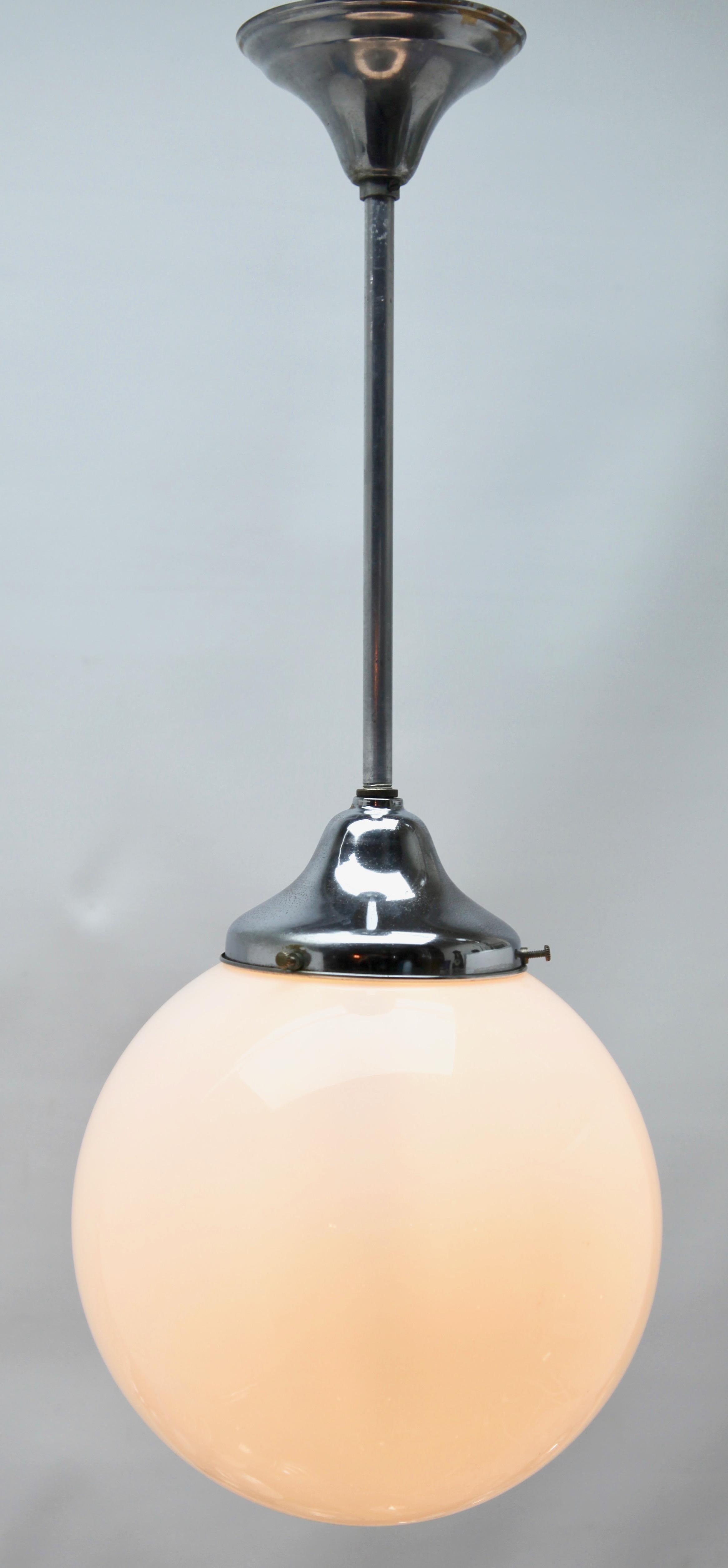 Metalwork Phillips Pendant Stem Lamp with a Globular Opaline Shade, 1930s, Netherlands For Sale