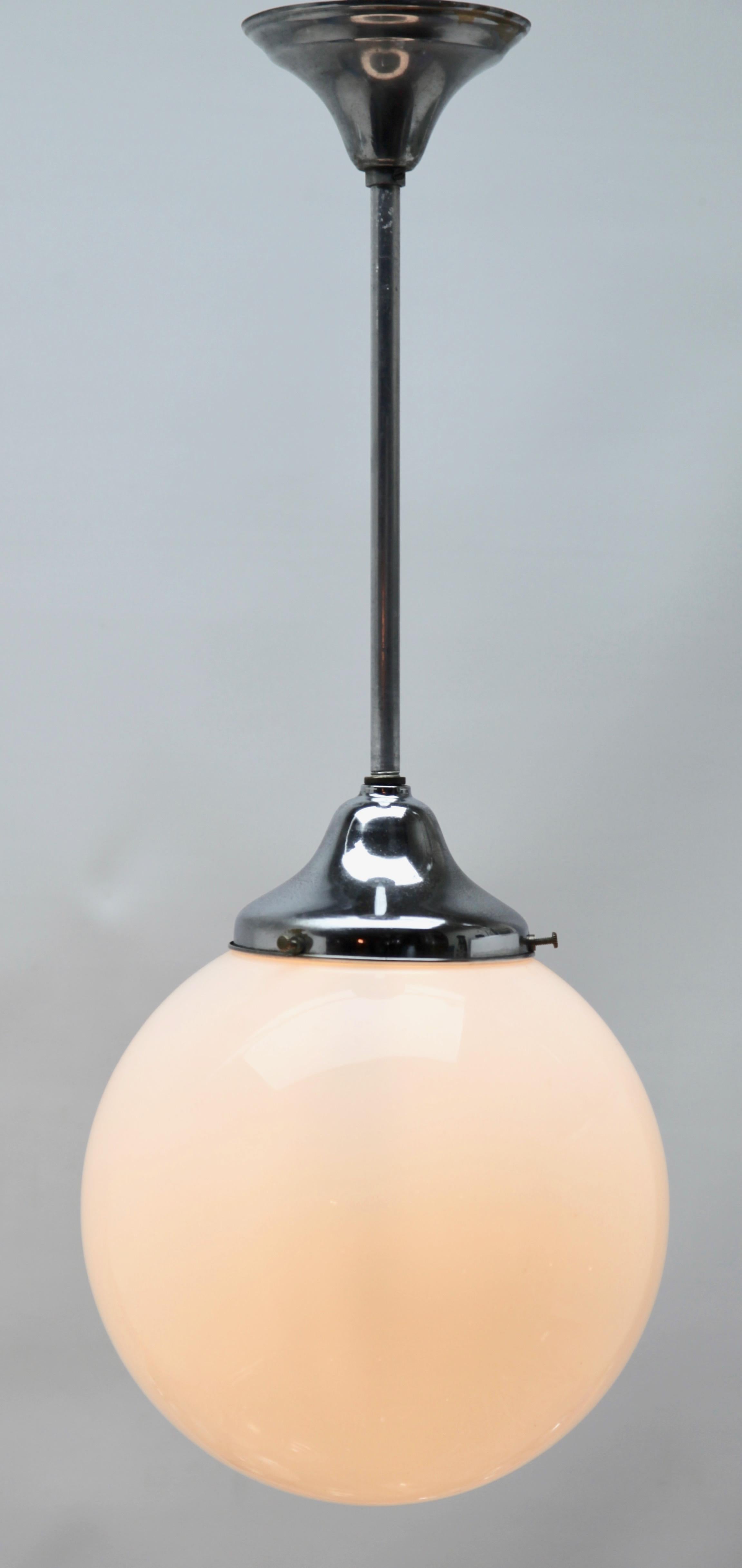 Blown Glass Phillips Pendant Stem Lamp with a Globular Opaline Shade, 1930s, Netherlands For Sale