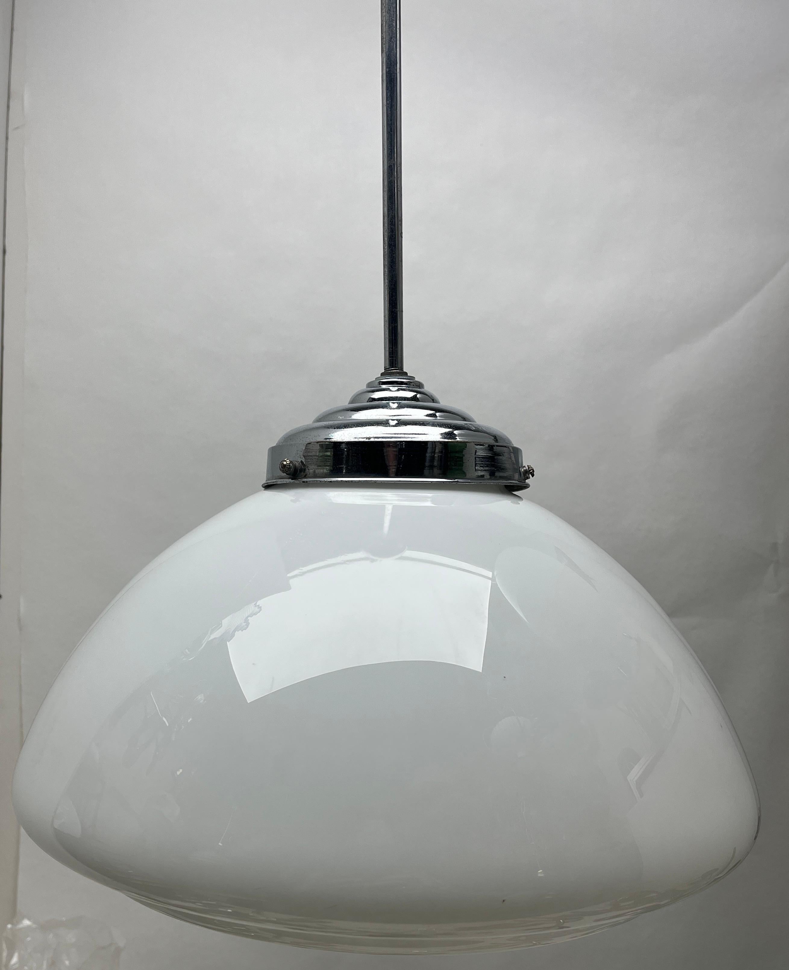Blown Glass Phillips Pendant Stem Lamp with a Globular Opaline Shade, 1930s, Netherlands For Sale