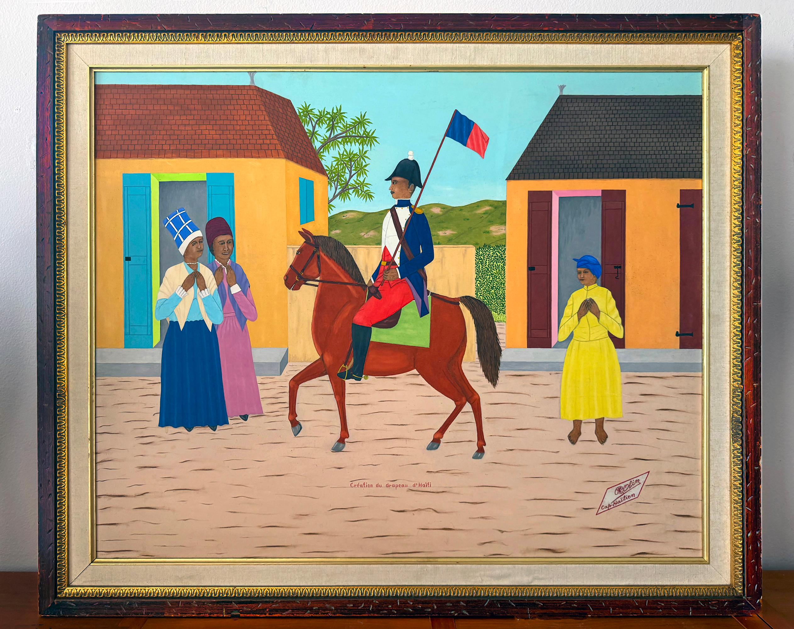 Military Man on Horseback with Haitian Flag - Painting by Philomé Obin