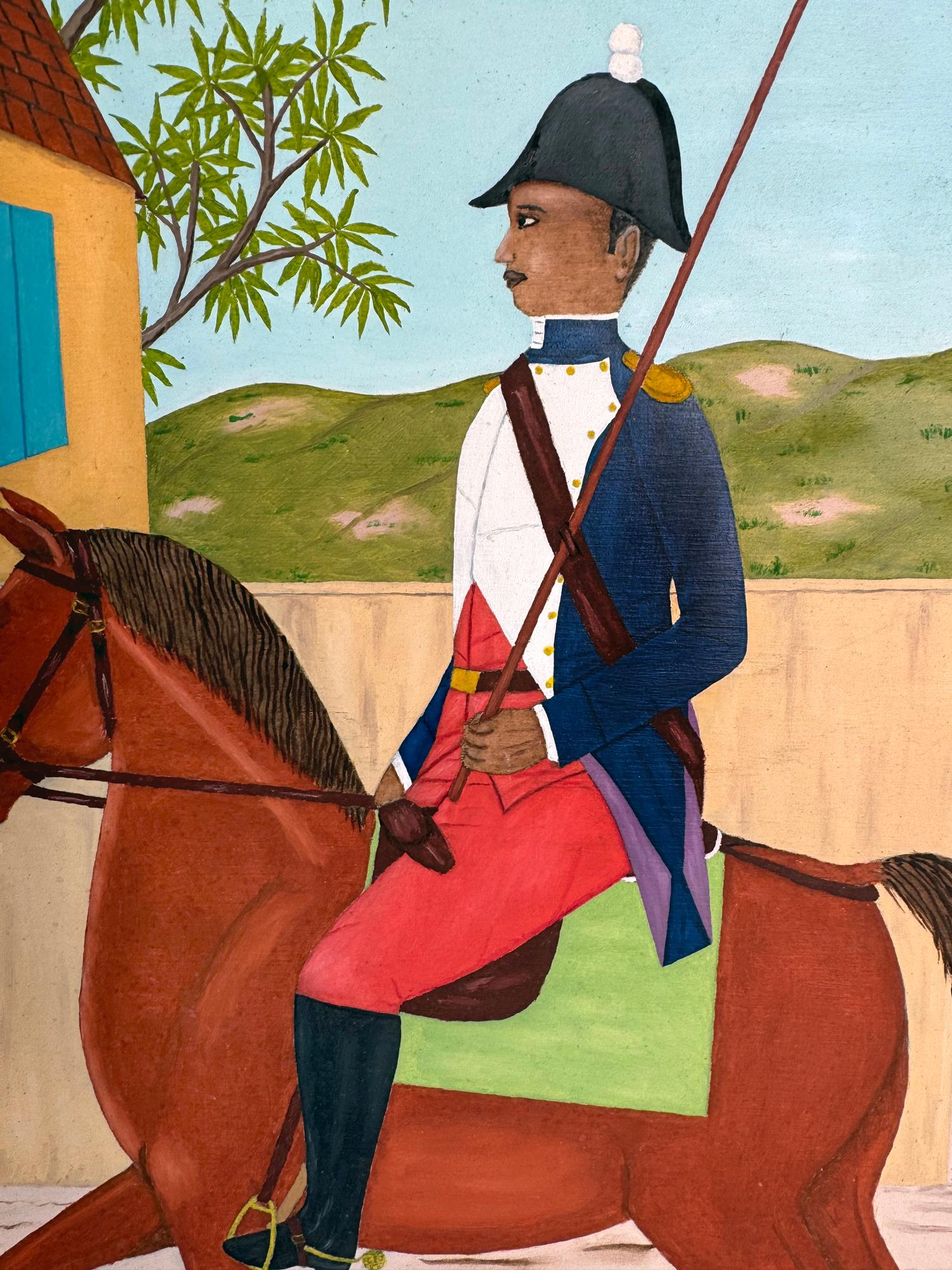 Military Man on Horseback with Haitian Flag - Brown Landscape Painting by Philomé Obin