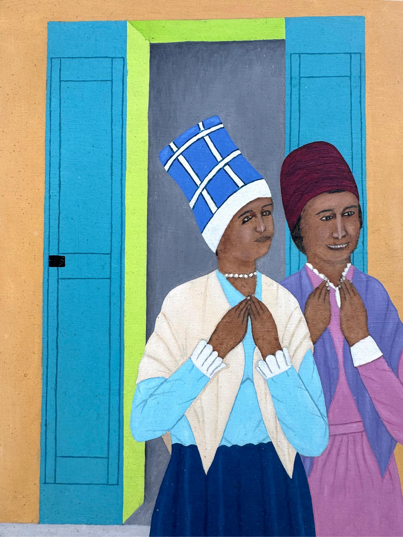 After Hector Hyppolite, Philomé Obin may be Haiti's most significant painter. In the present work, Philomé Obin depicts a familiar Haitian street scene with colorful facades and three women in traditional garb. Apparently, they have come out into